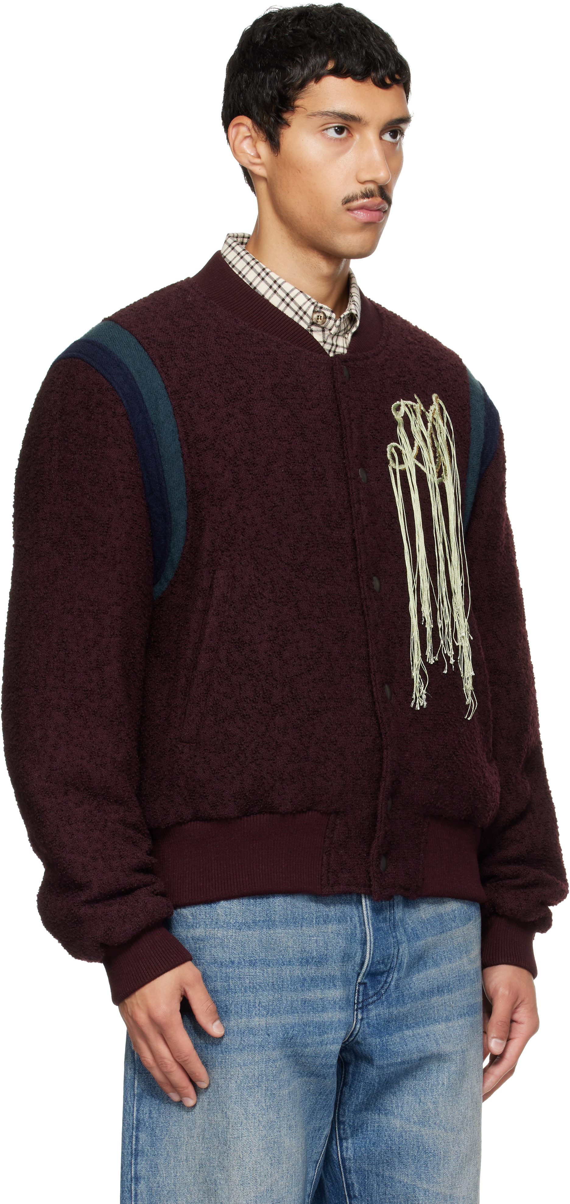 Dries Van Noten: Burgundy Fringe Bomber Jacket | SSENSE