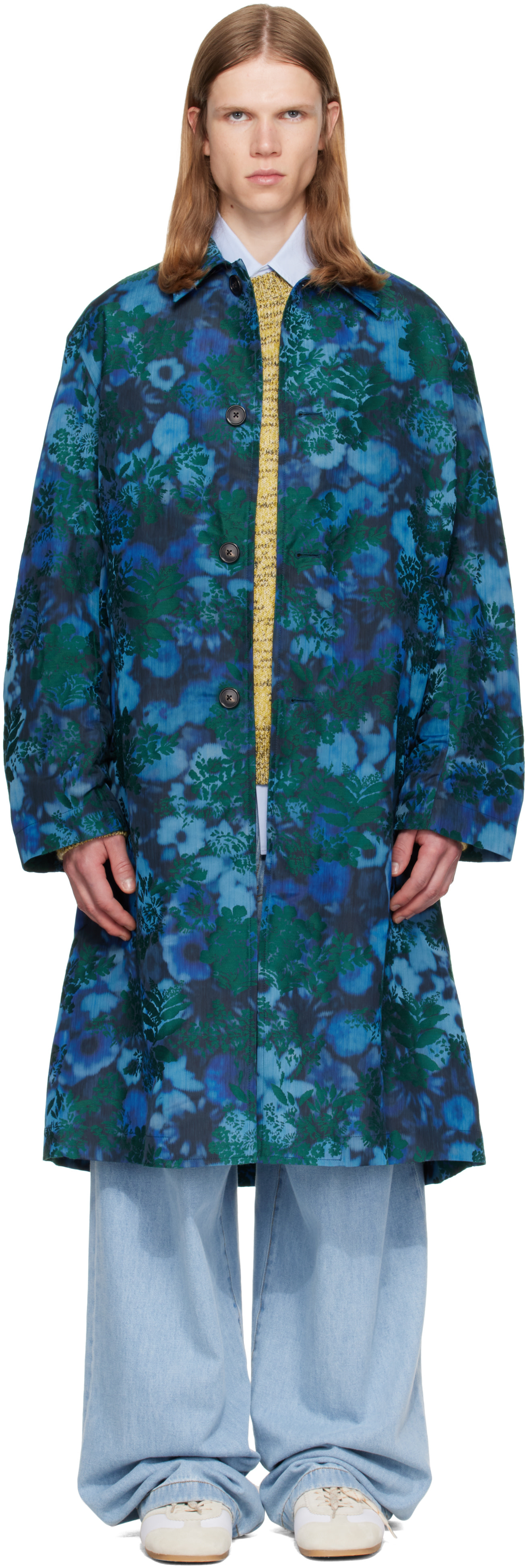 Dries Van Noten: ブルー Floral ジャカード コート | SSENSE 日本