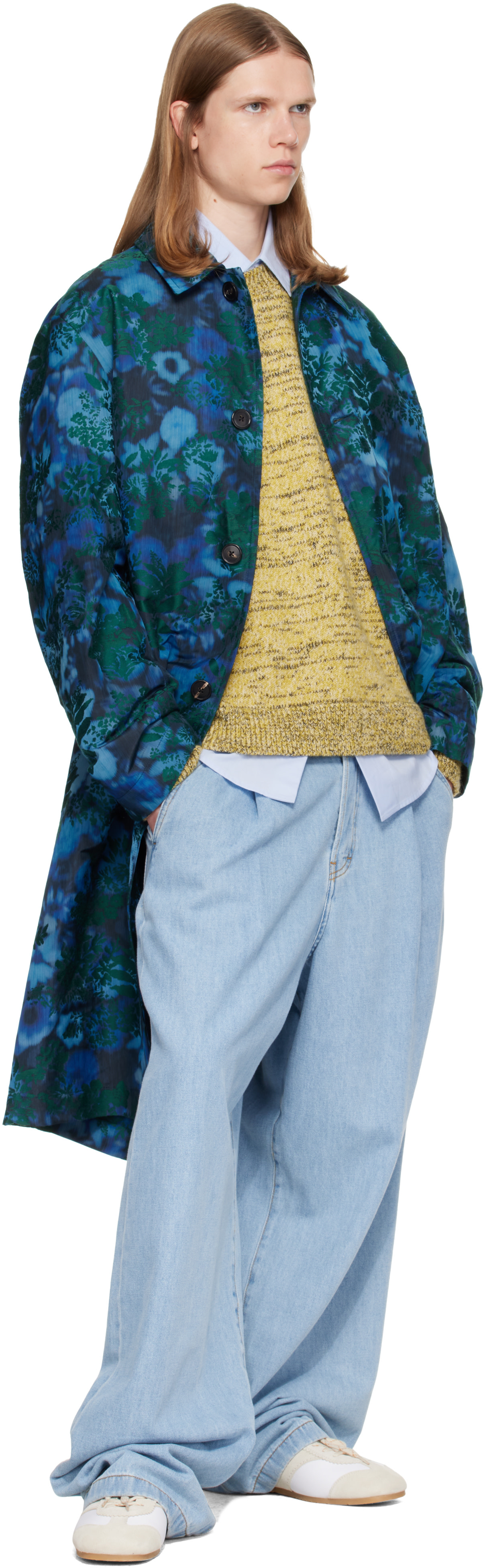 Dries Van Noten: Blue Floral Jacquard Coat | SSENSE