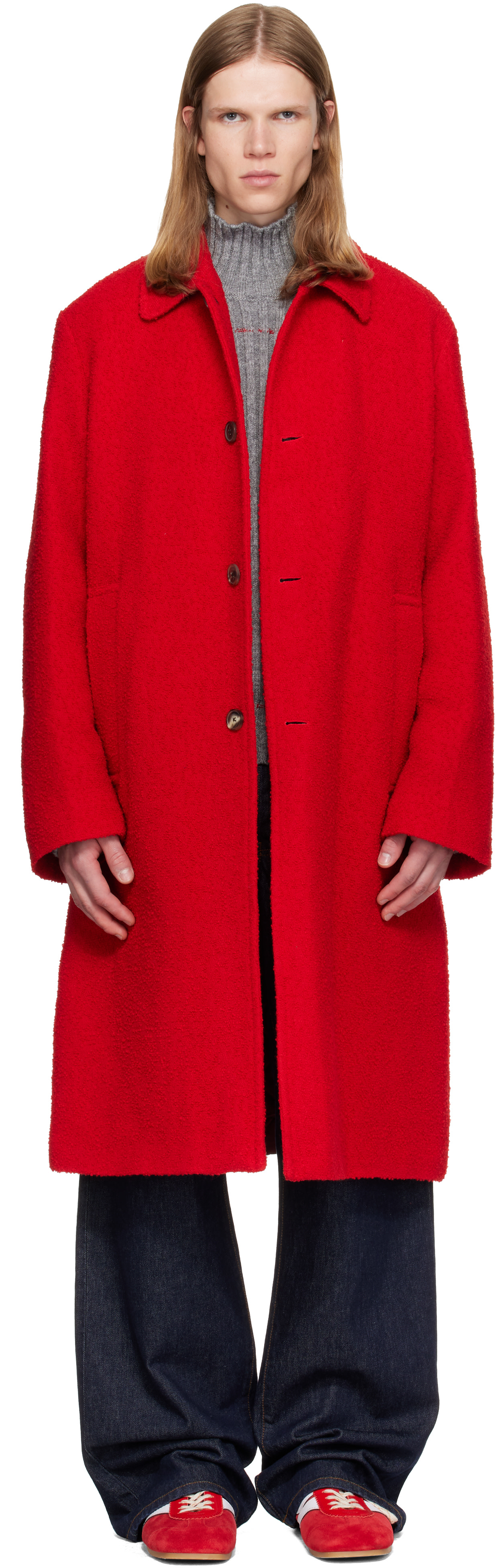 Dries Van Noten - Red Wool Bouclé Coat