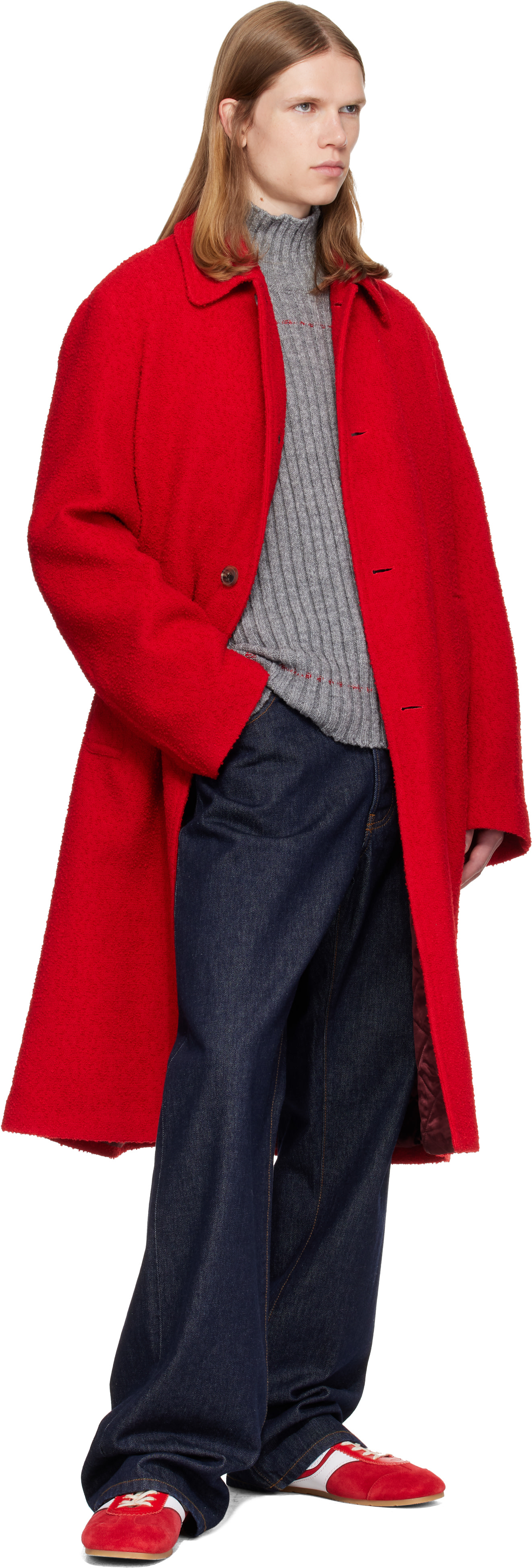 Dries Van Noten - Red Wool Bouclé Coat