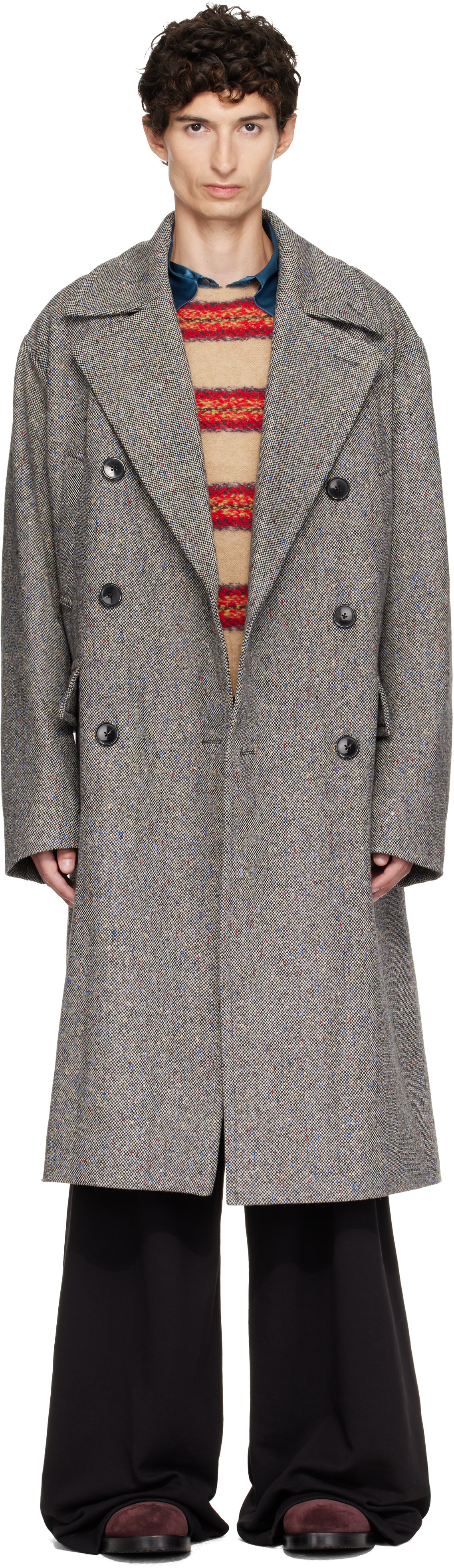 Dries Van Noten: Black & Gray Oversized Wool Tweed Coat | SSENSE
