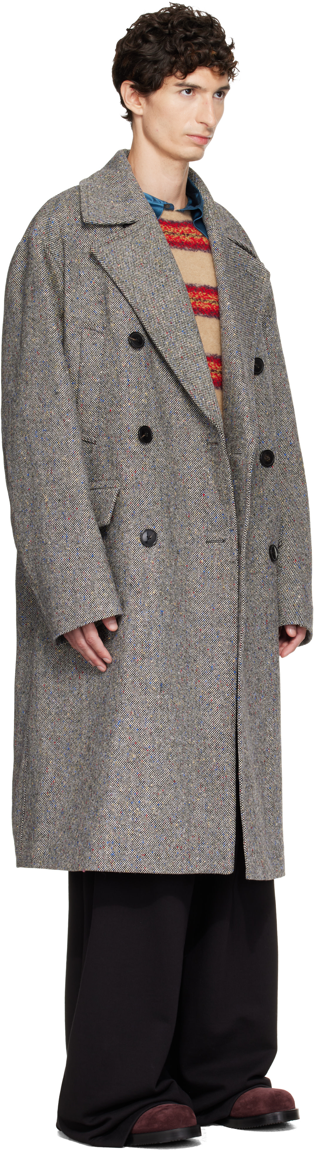 Dries Van Noten: Black & Gray Oversized Wool Tweed Coat | SSENSE