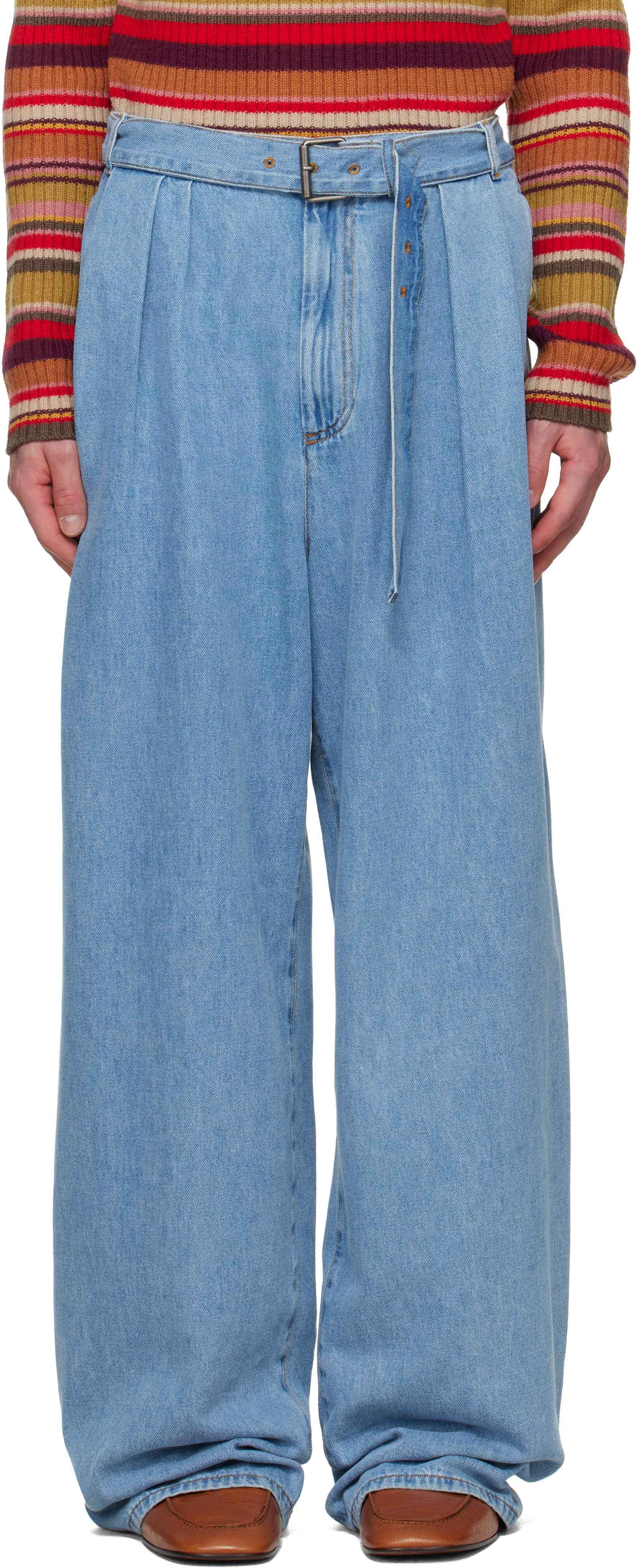 Dries Van Noten: Blue Belted Pleat Jeans | SSENSE