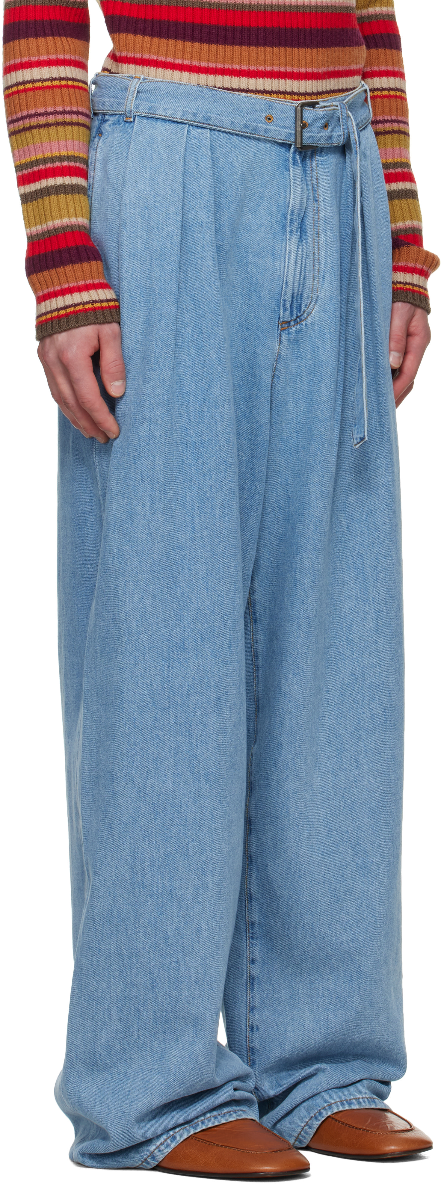 Dries Van Noten: Blue Belted Pleat Jeans | SSENSE