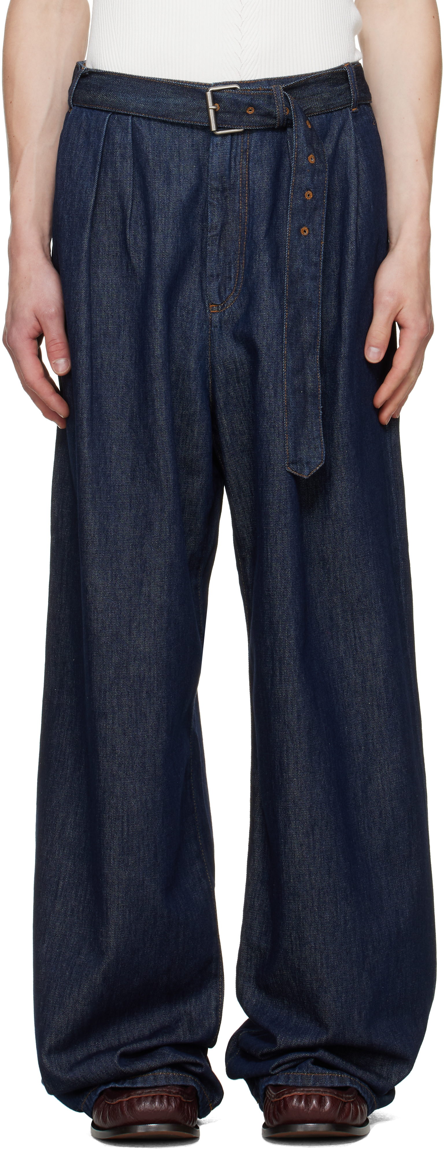 Dries Van Noten: Navy Belted Pleat Jeans | SSENSE