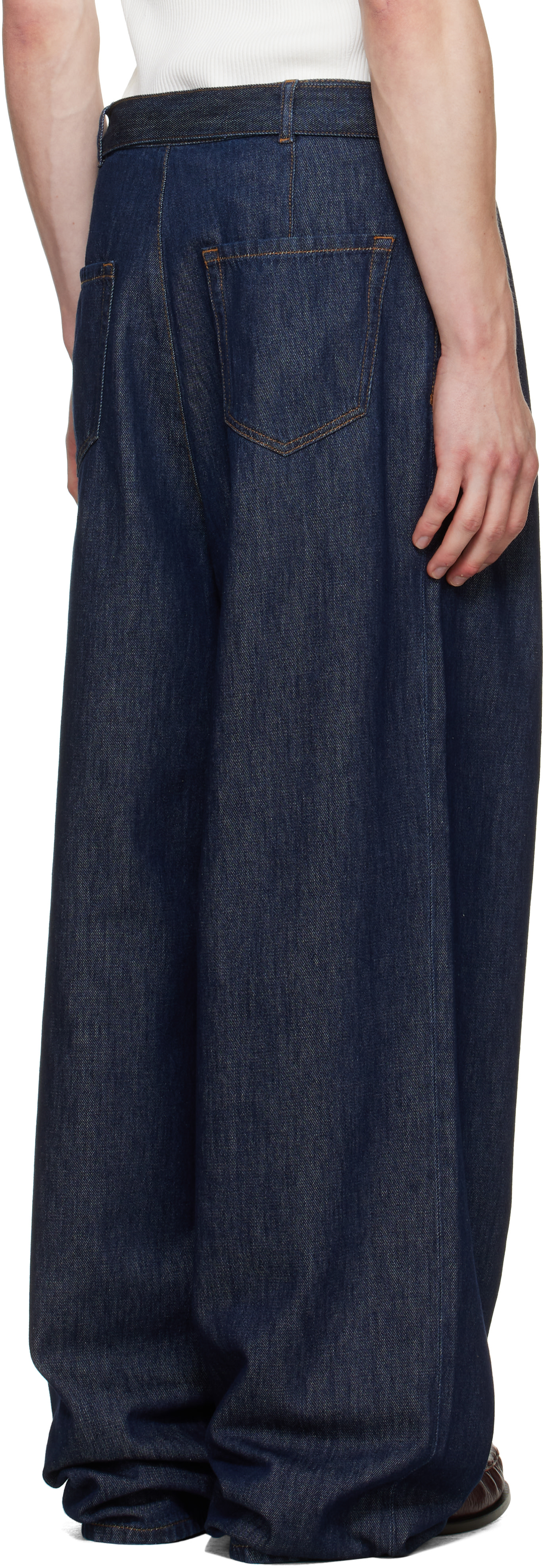 Dries Van Noten: Navy Belted Pleat Jeans | SSENSE