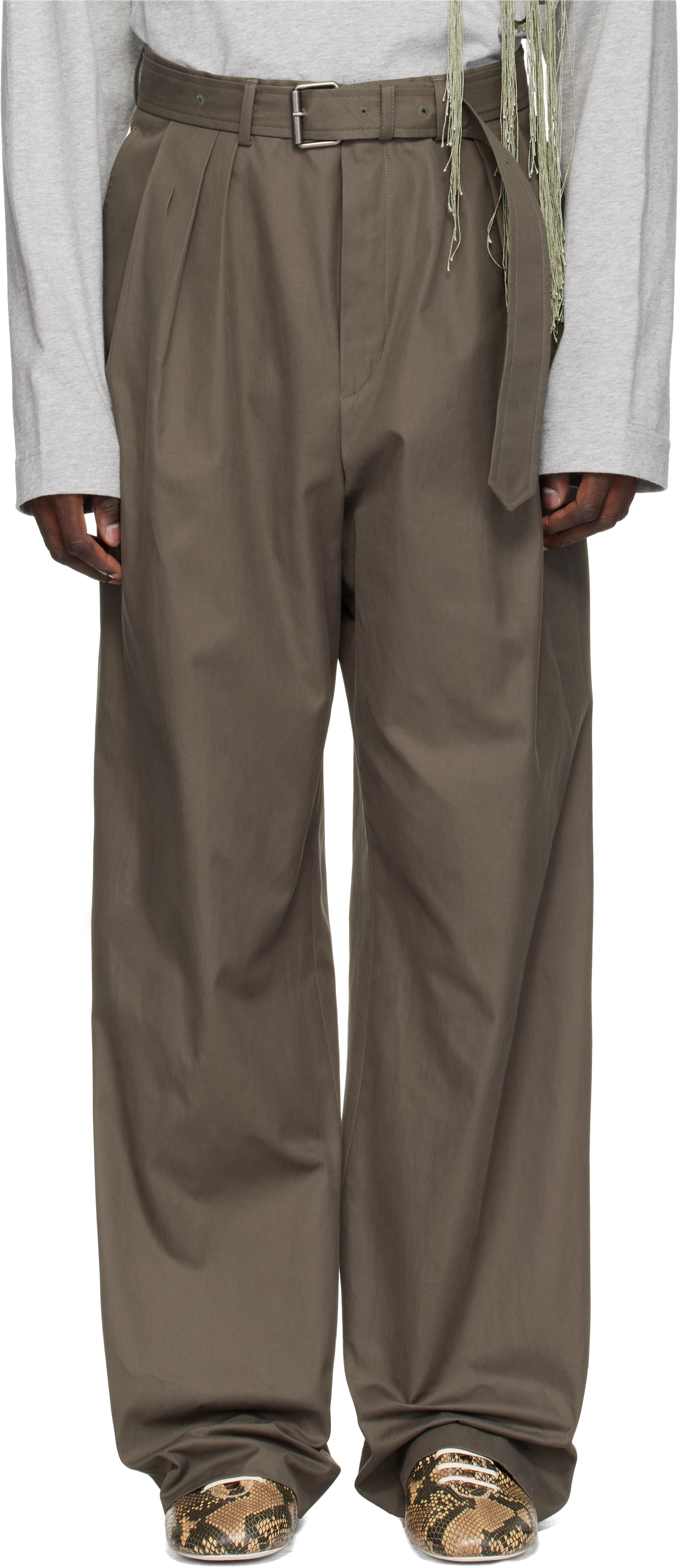 Dries Van Noten: Khaki Belted Cotton Trousers | SSENSE