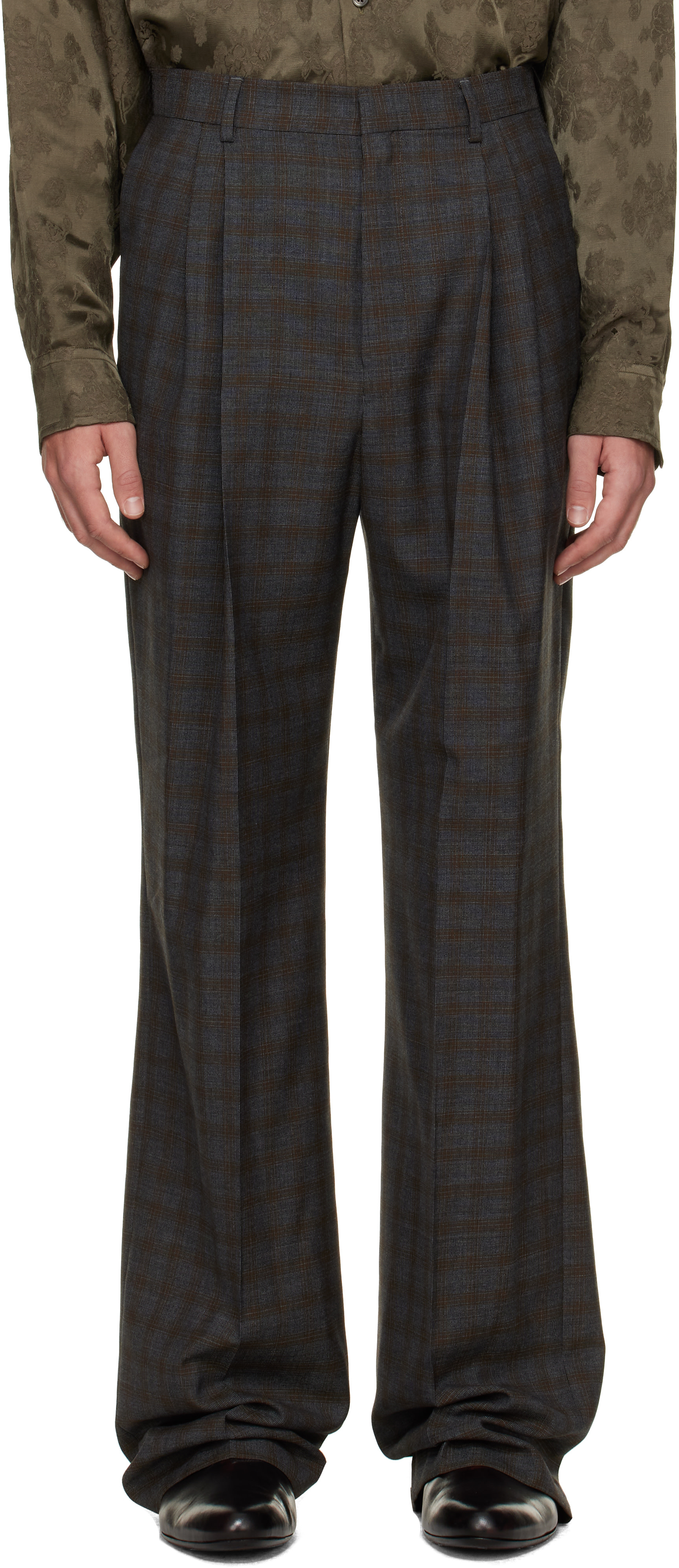 Dries Van Noten: グレー Long ウール ストレートレッグ トラウザーズ