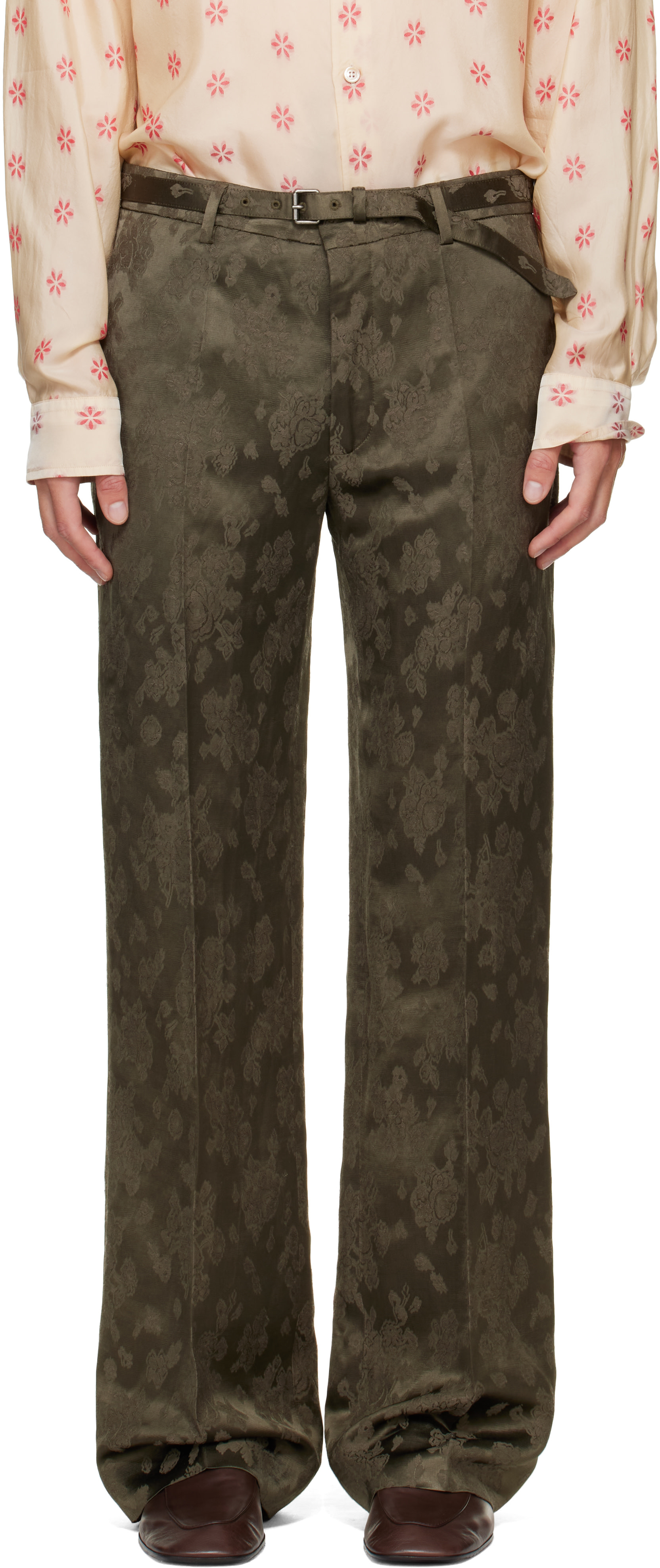 Dries Van Noten: Khaki Belted Floral Jacquard Trousers | SSENSE Canada