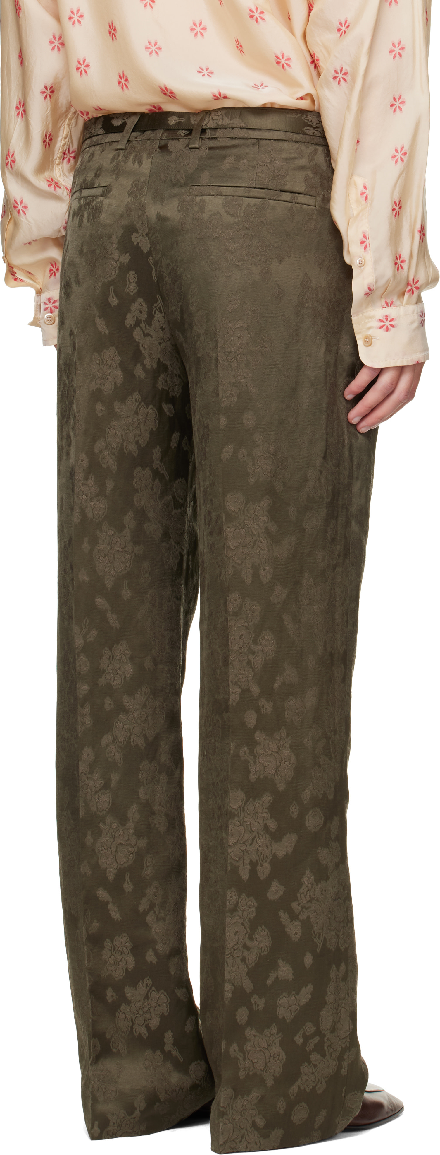 Dries Van Noten: Khaki Belted Floral Jacquard Trousers | SSENSE