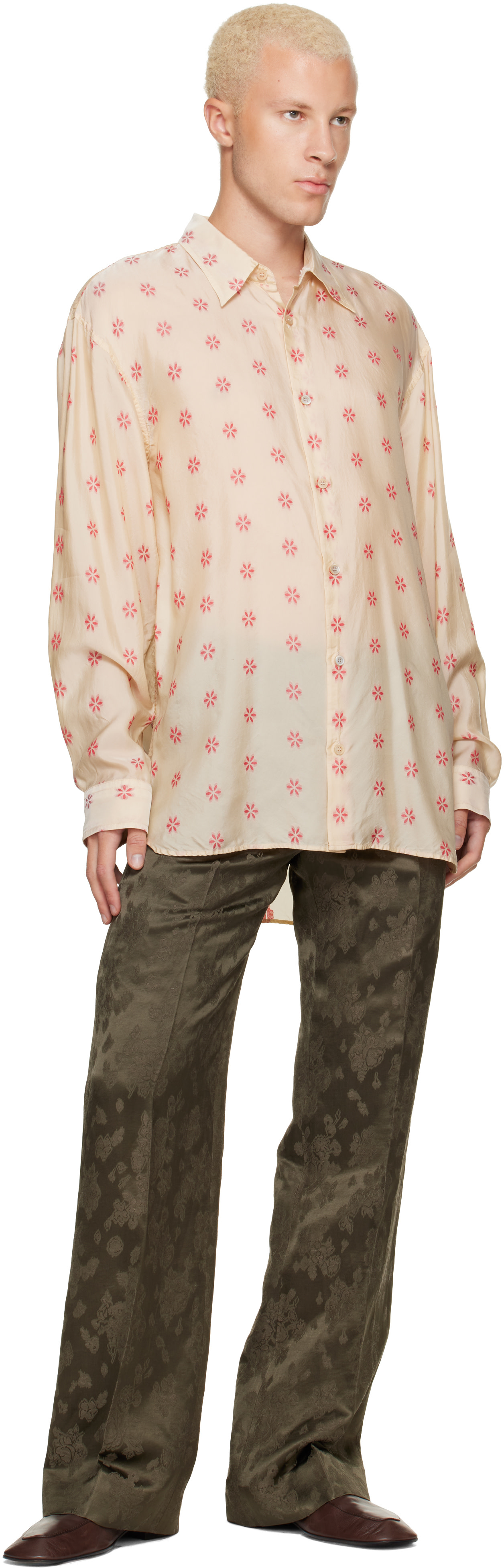 Dries Van Noten: Khaki Belted Floral Jacquard Trousers | SSENSE