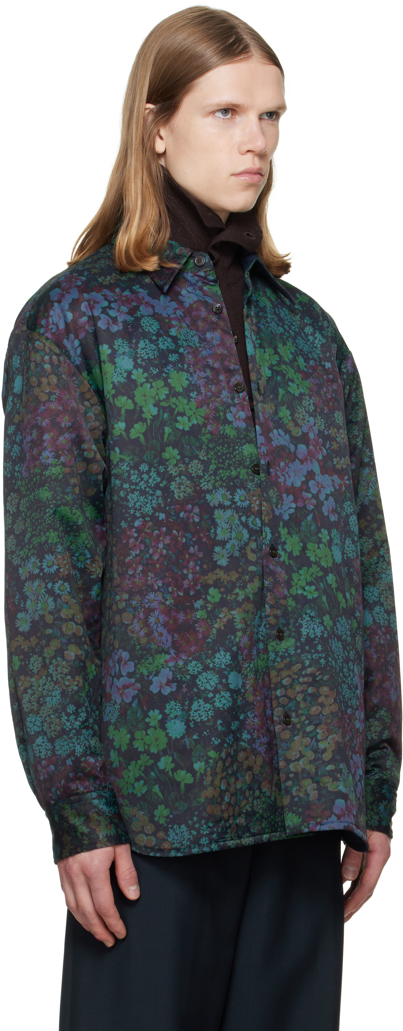 Dries Van Noten: グリーン パデッド フローラル オーバーシャツ