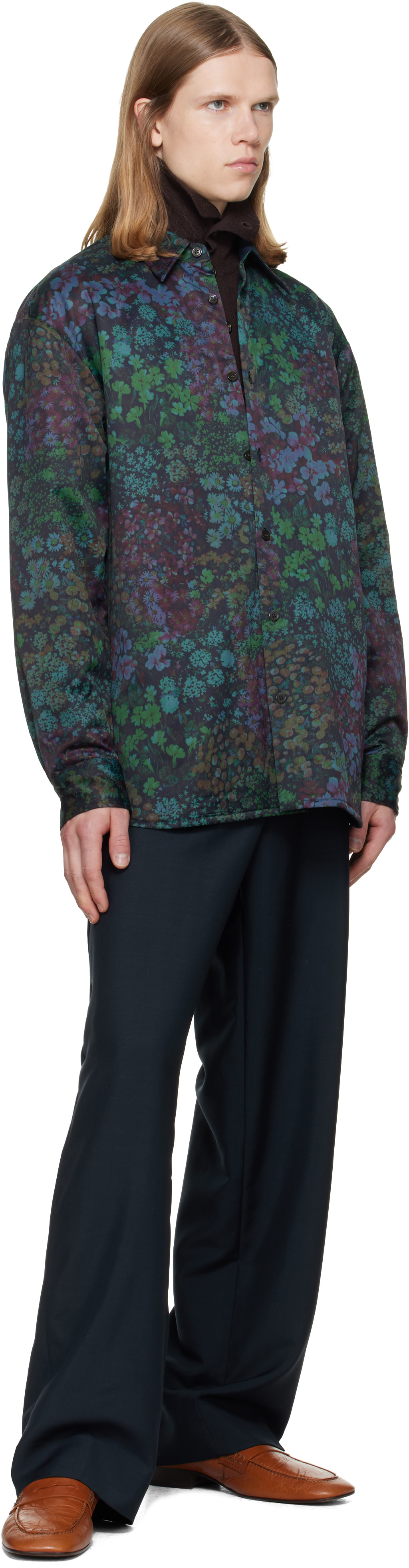 Dries Van Noten: グリーン パデッド フローラル オーバーシャツ