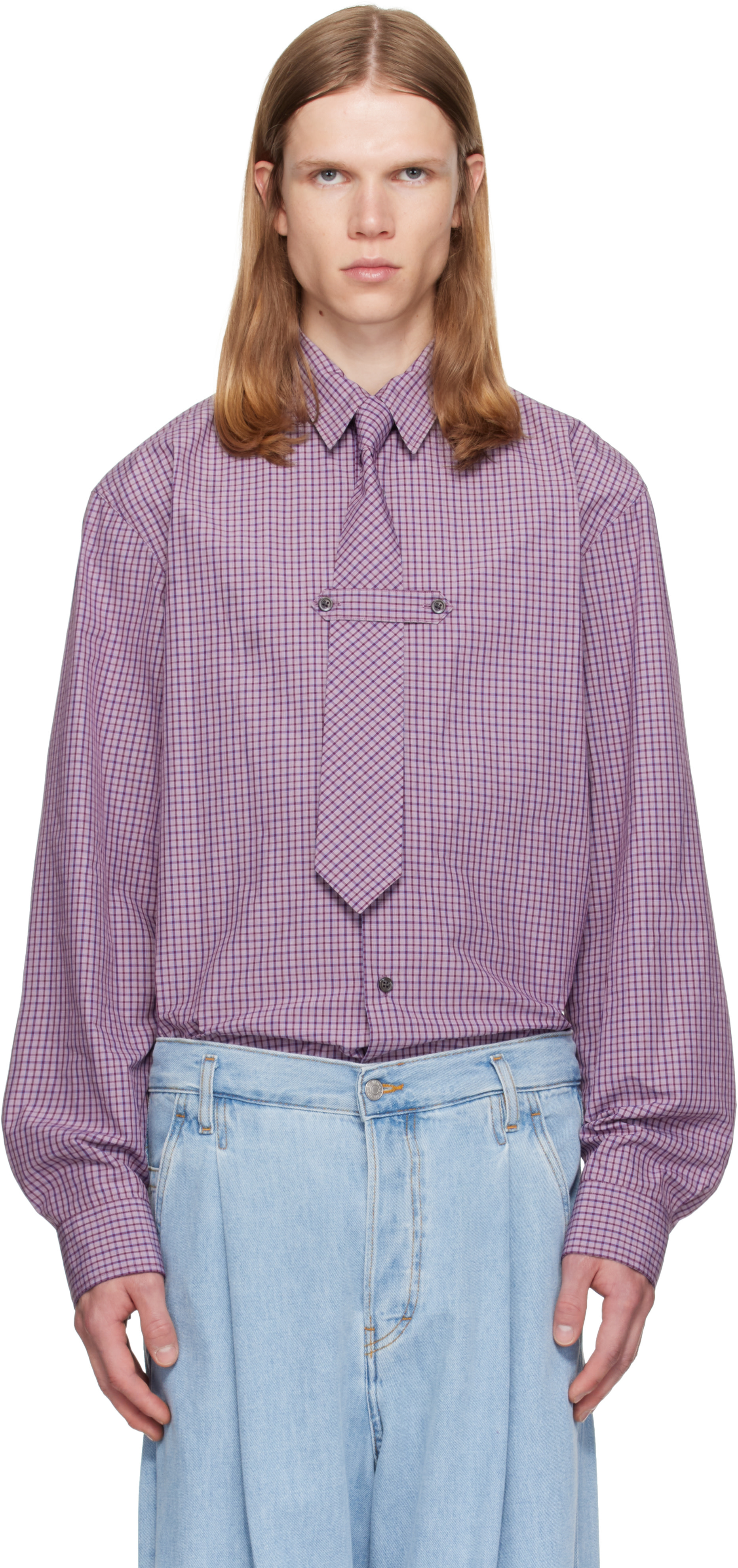 DRIES VAN NOTEN キュプラ 半袖シャツ 46 紫 チェック モード Dries Van Noten: パープル Checkered ネクタイ＆シャツ | SSENSE 日本