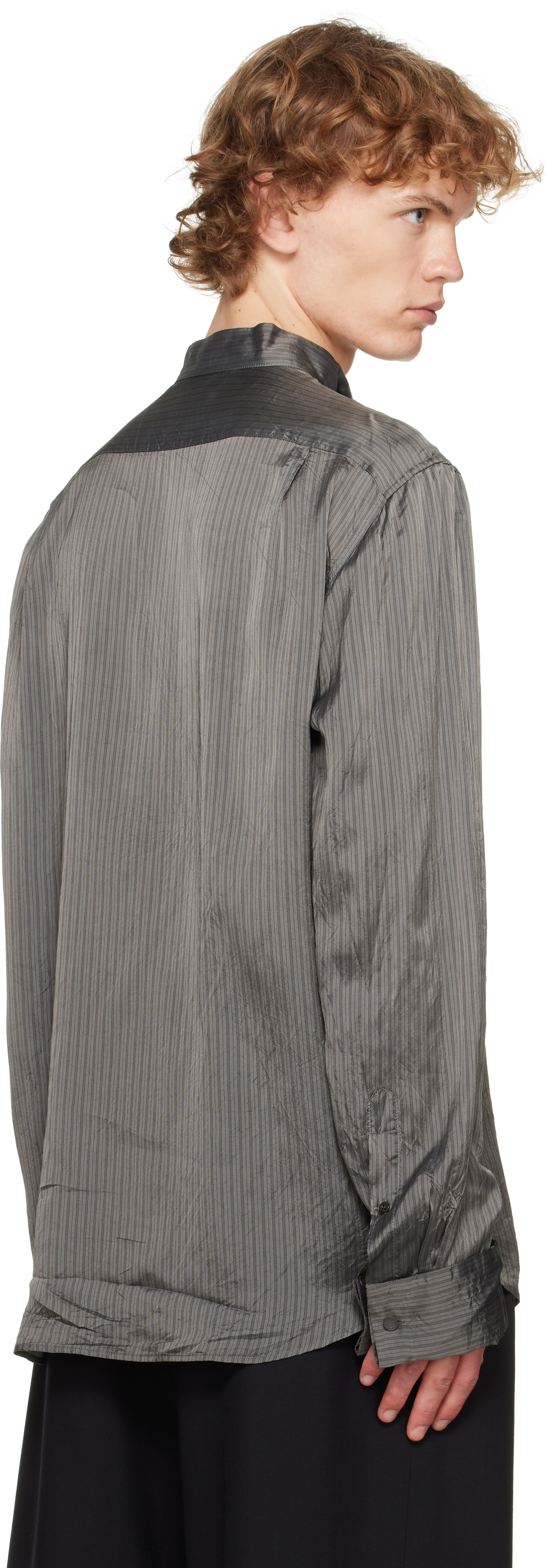 Dries Van Noten: Gray & Burgundy Pinstripe Shirt | SSENSE