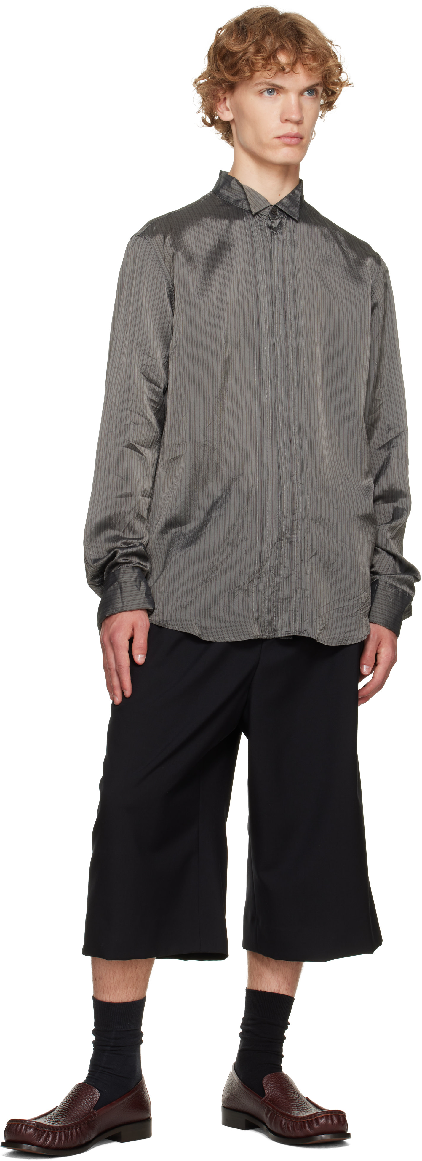 Dries Van Noten: Gray & Burgundy Pinstripe Shirt | SSENSE