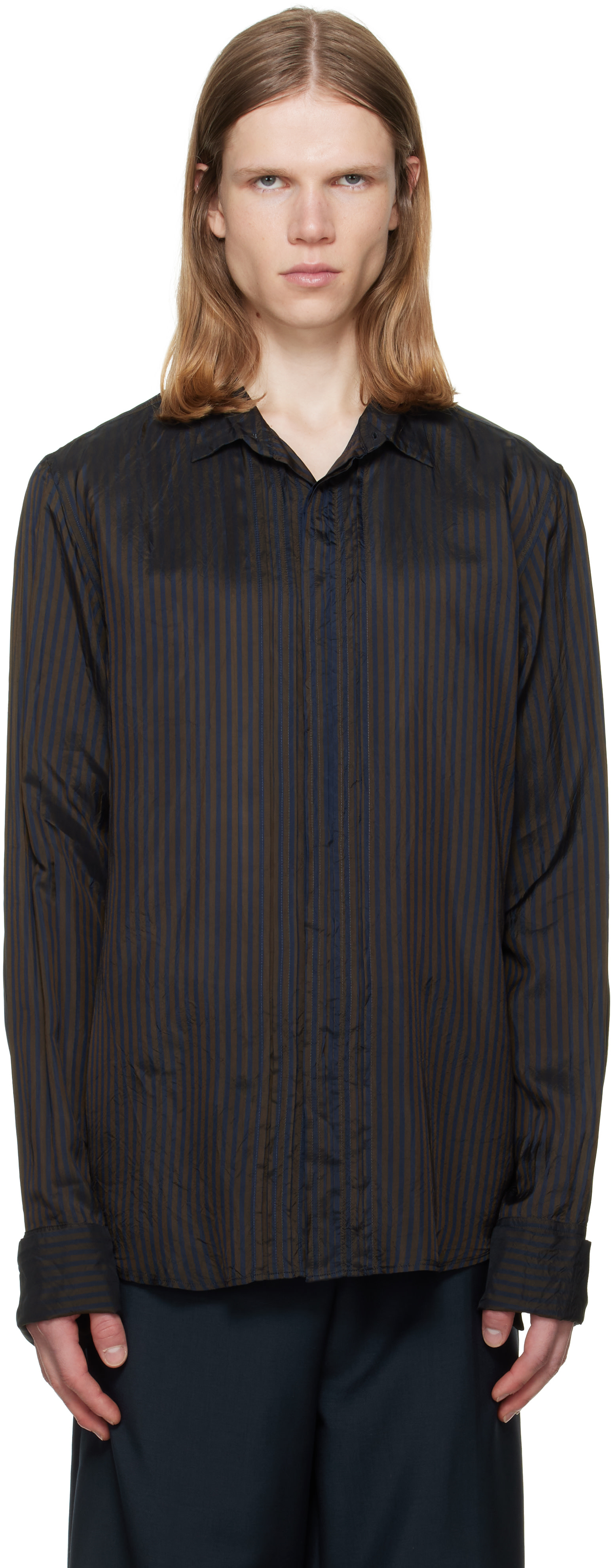 Dries Van Noten: ブラウン＆ネイビー ストライプ ピンタックシャツ