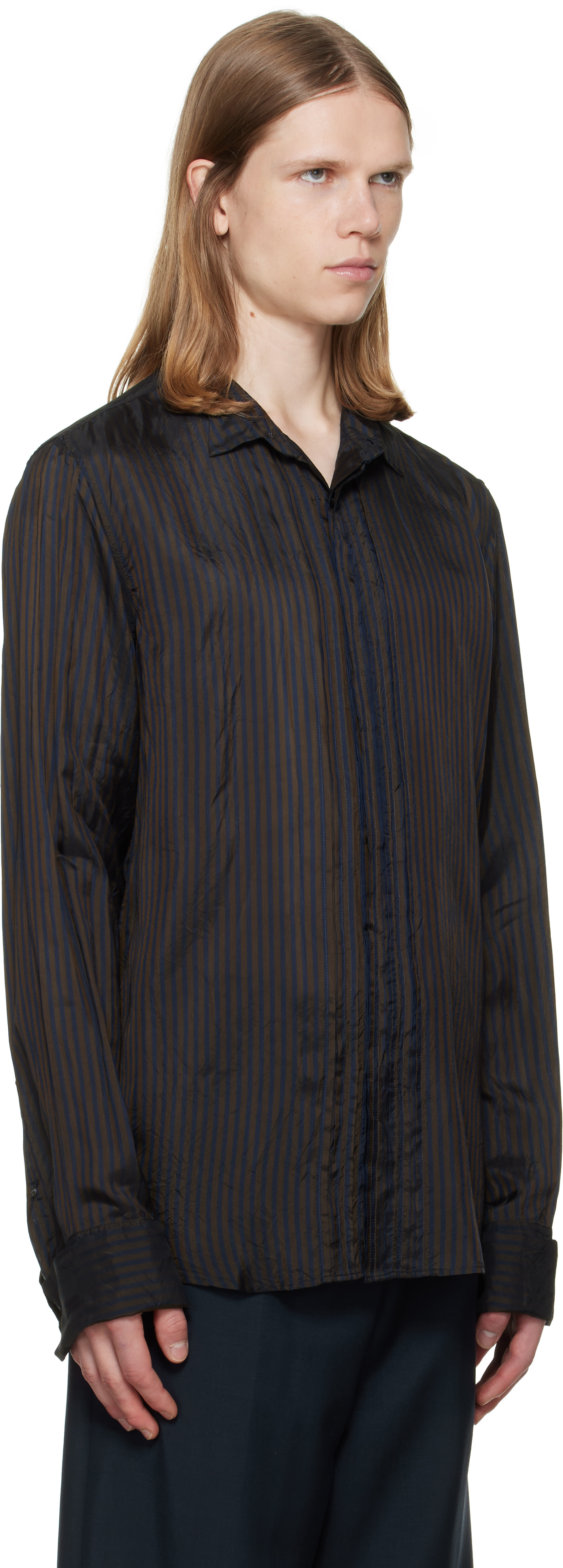 Dries Van Noten: ブラウン＆ネイビー ストライプ ピンタックシャツ