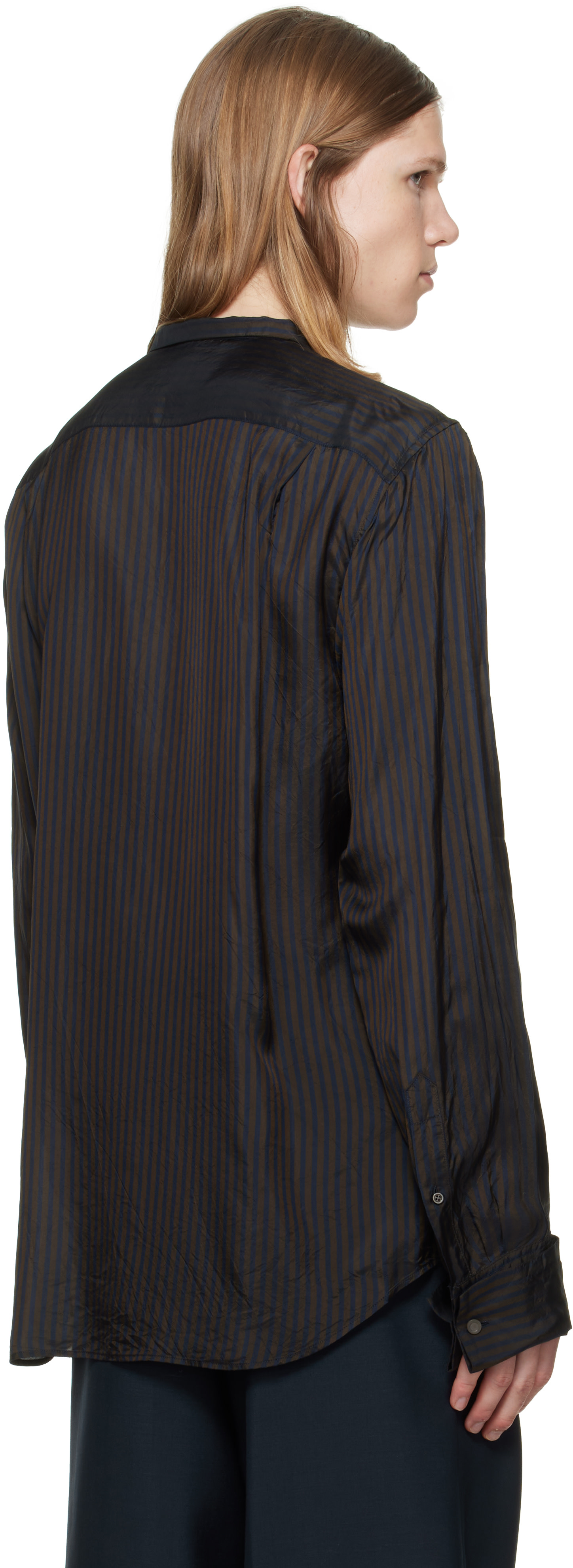 Dries Van Noten: ブラウン＆ネイビー ストライプ ピンタックシャツ