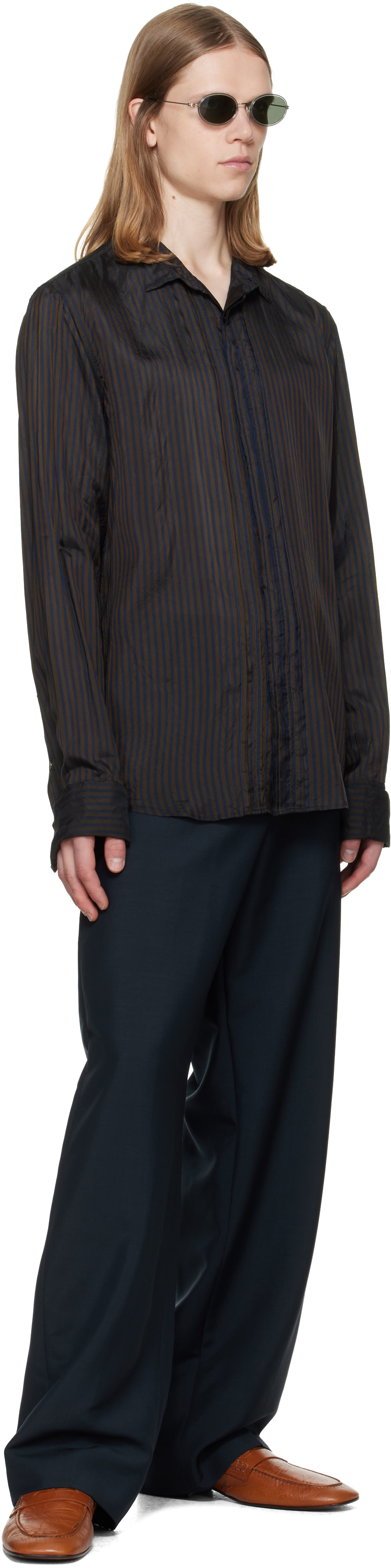 Dries Van Noten: ブラウン＆ネイビー ストライプ ピンタックシャツ