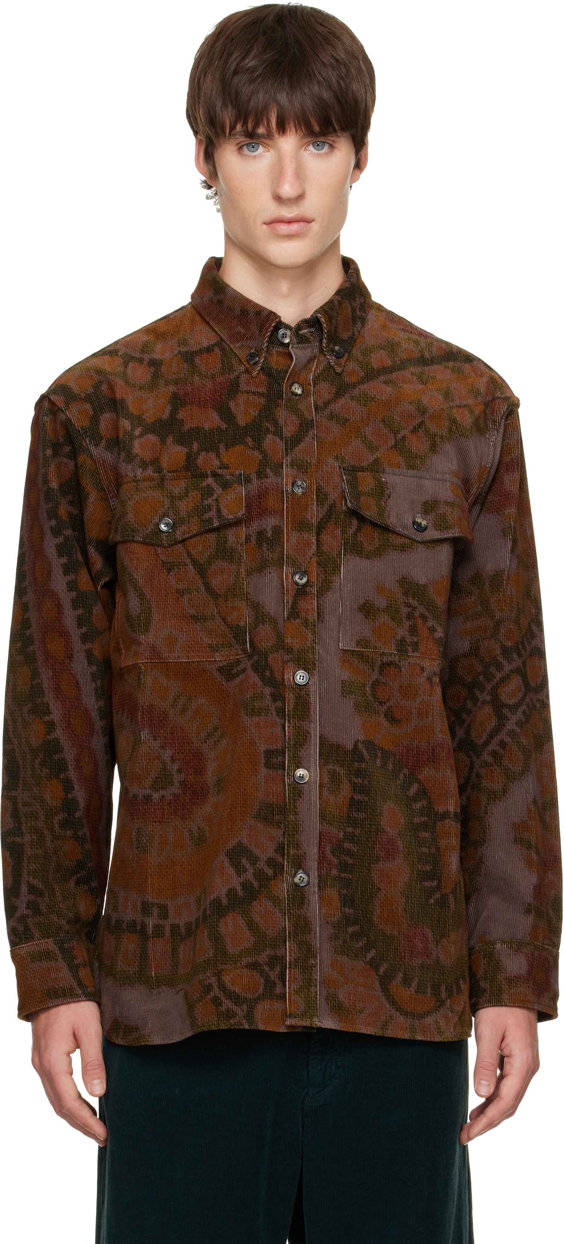 Dries Van Noten: ブラウン＆カーキ ルーズ コーデュロイシャツ