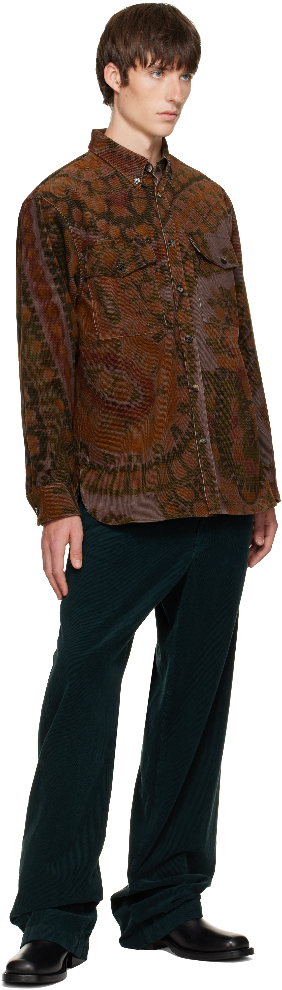 Dries Van Noten: ブラウン＆カーキ ルーズ コーデュロイシャツ