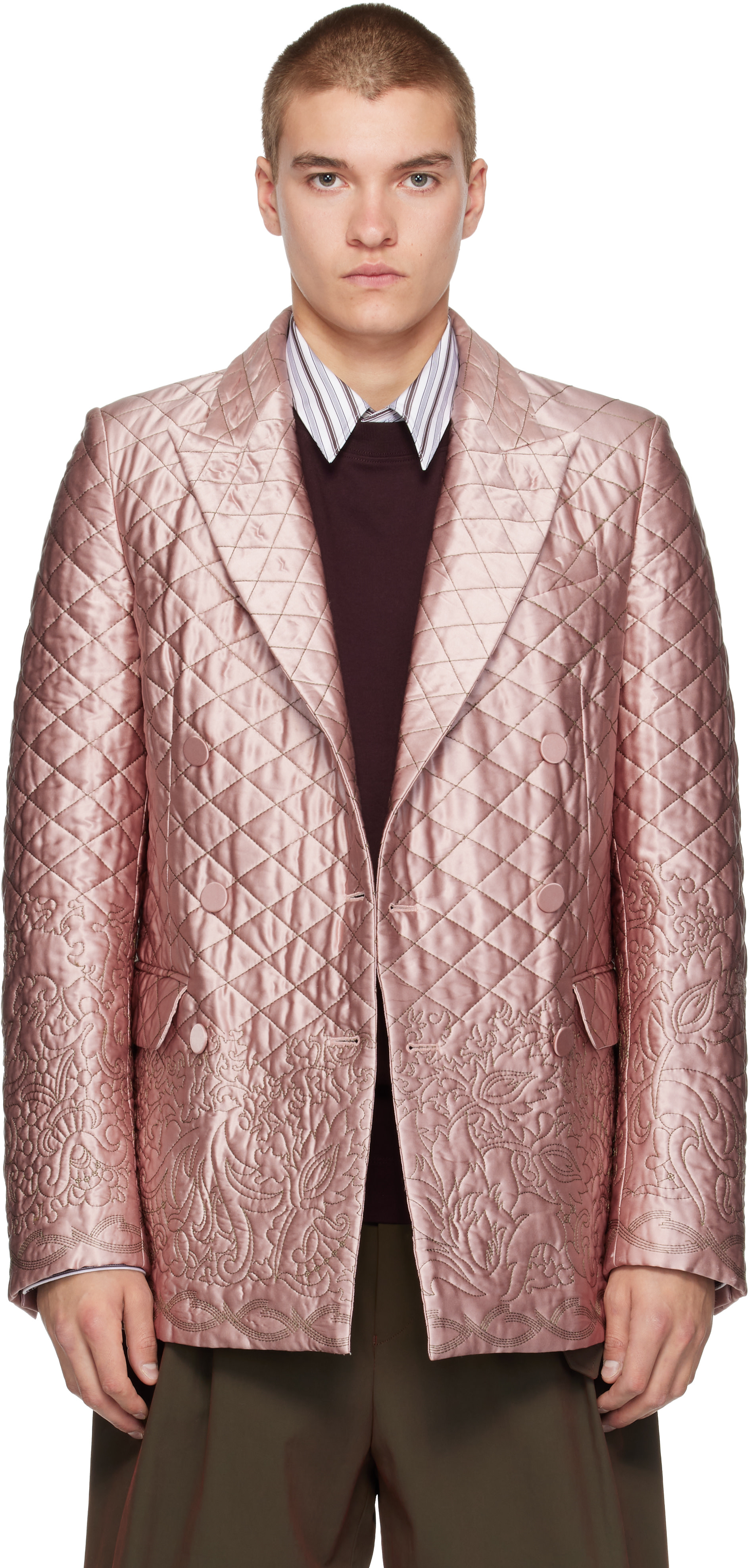 DRIES VAN NOTEN マーブルキルティングジャケット 44 Dries Van Noten: SSENSE限定 ピンク シルク キルティングジャケット