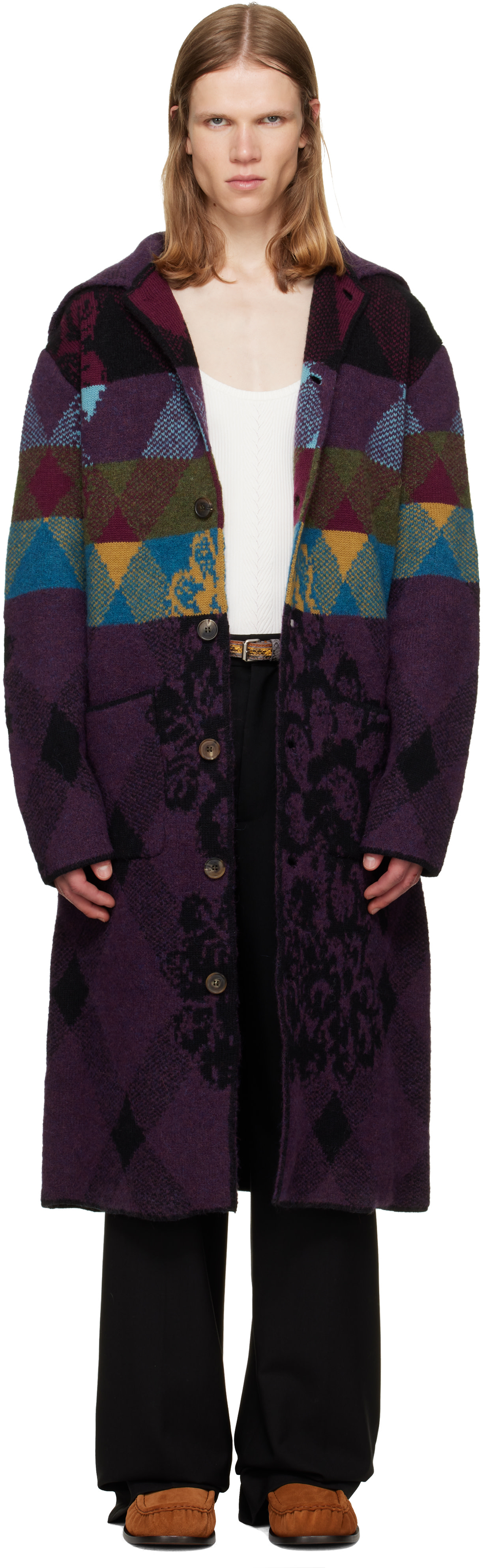 Dries Van Noten - Purple Patchwork Wool Cardigan Coat