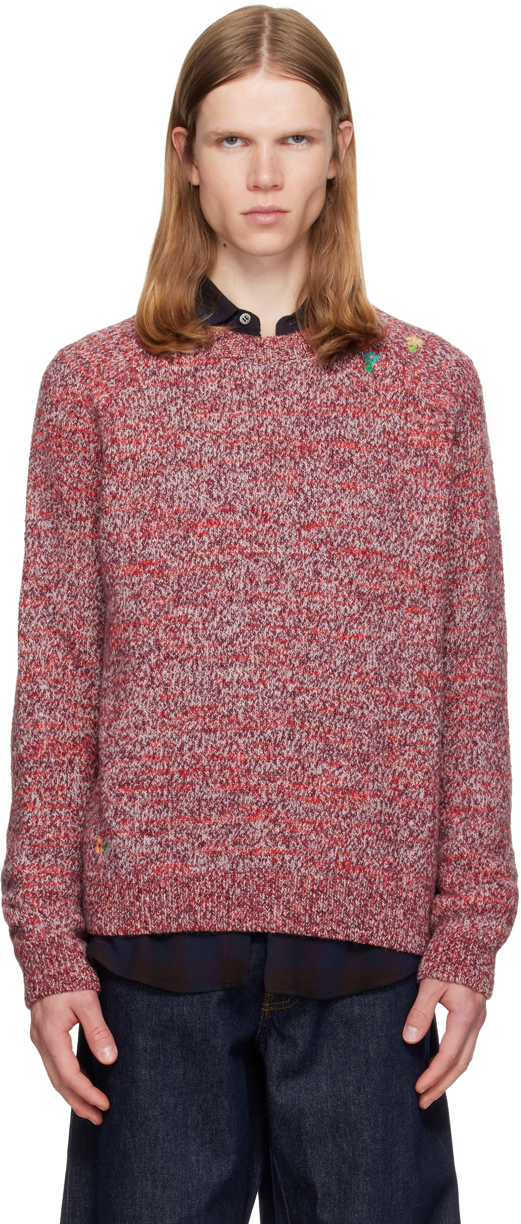 DRIES VAN NOTEN フラワー アシンメトリー変形ニット Dries Van Noten: Red Embroidered Flowers Wool Sweater | SSENSE