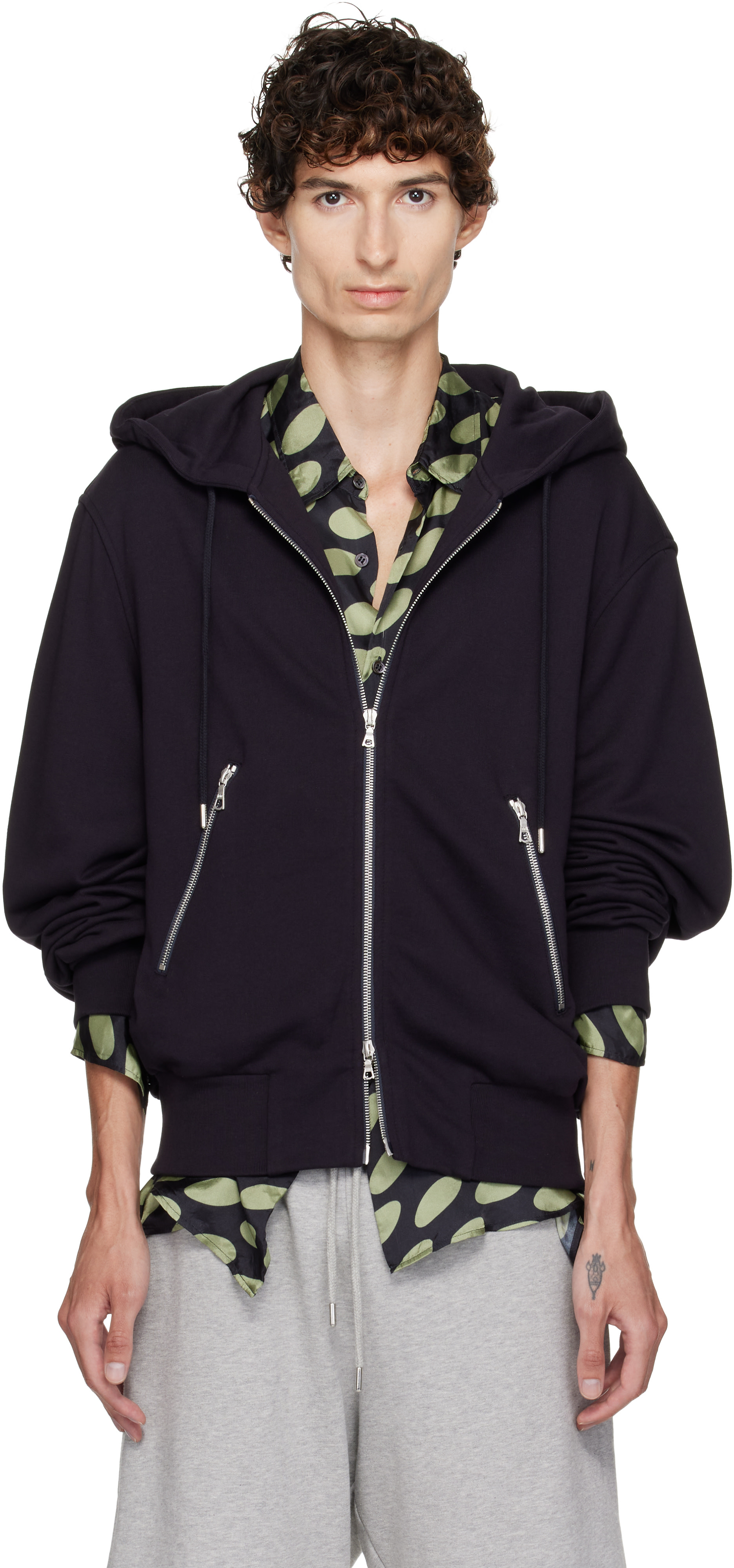 DRIES VAN NOTEN 本人期 袖裏ボアジップアップフーディ Dries Van Noten: ネイビー コットン ジップフーディ | SSENSE 日本
