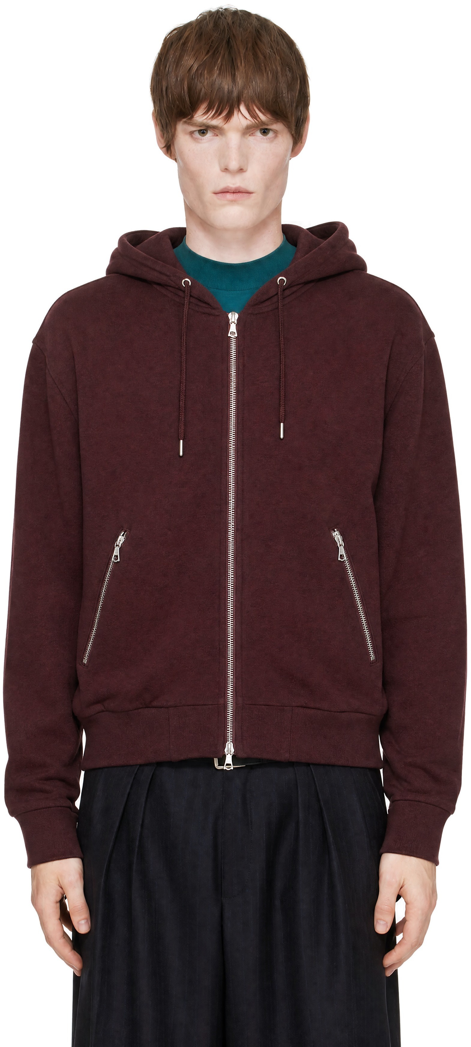 Dries Van Noten: Burgundy Cotton Zip Hoodie | SSENSE