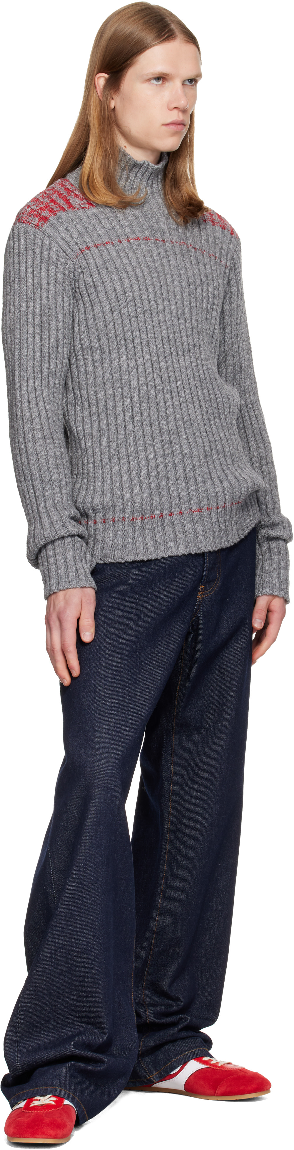 Dries Van Noten - グレー リブ編み ウール タートルネック