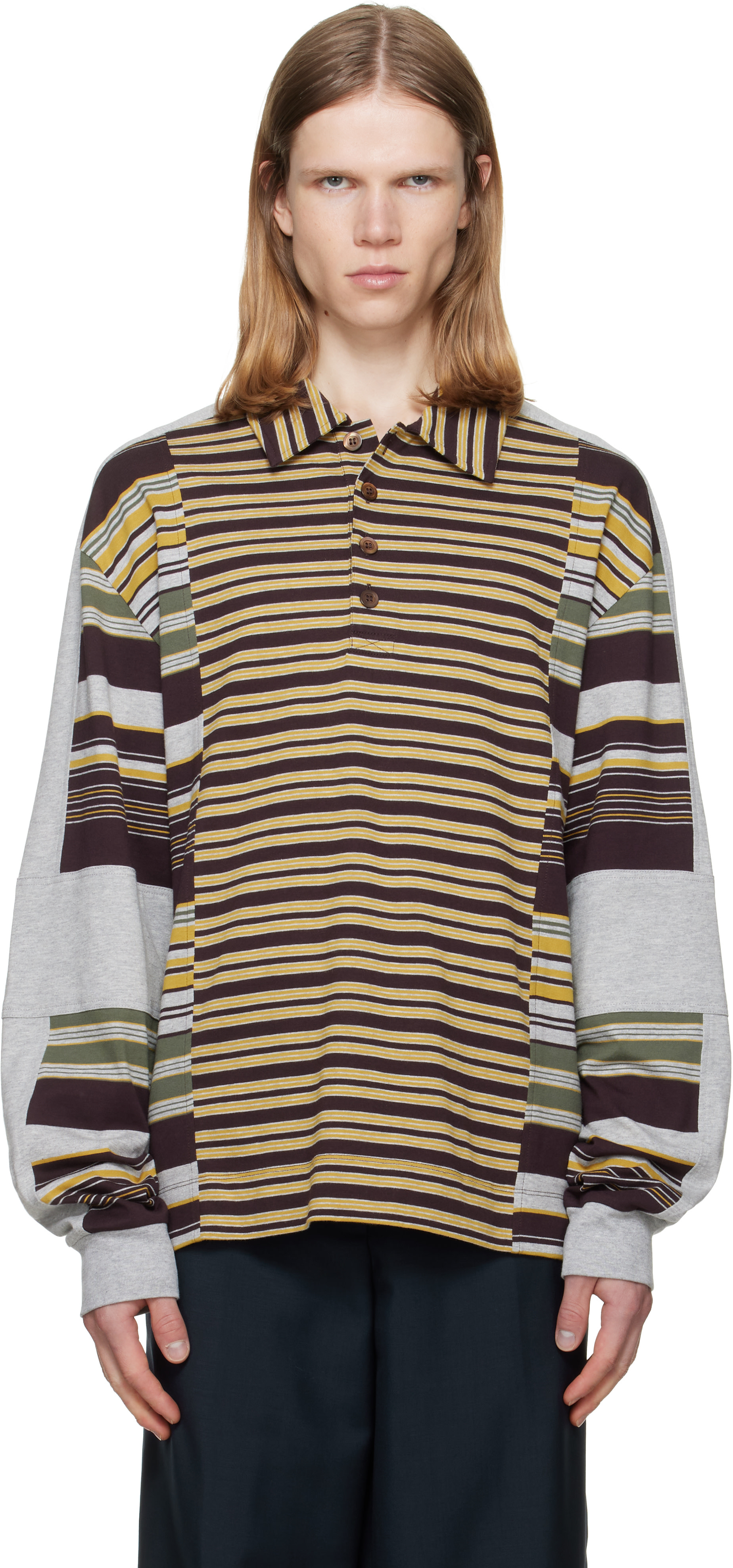 Dries Van Noten: バーガンディ＆グレー ボーダー コットン ポロシャツ
