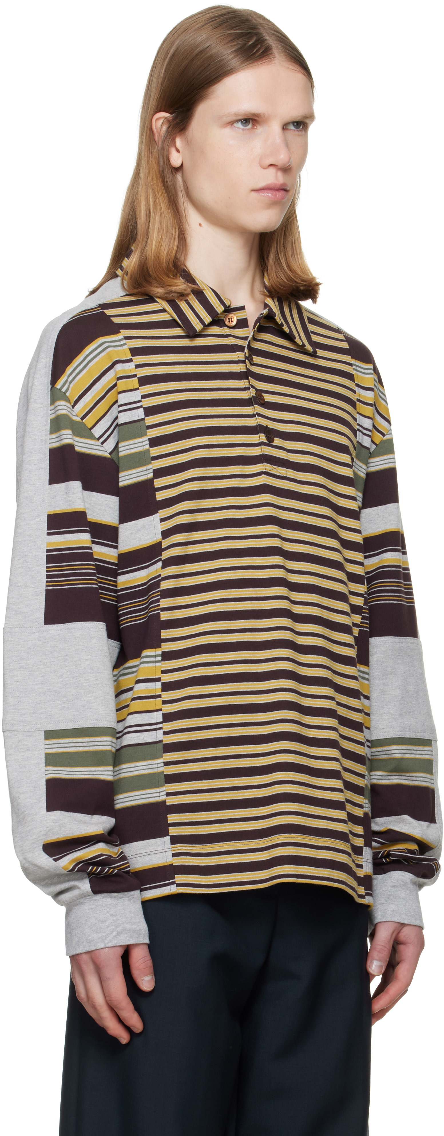 DRIES VAN NOTEN ボーダー柄 ハーフボタン ハイゲージ ポロシャツ Dries Van Noten: バーガンディ＆グレー ボーダー コットン ポロシャツ
