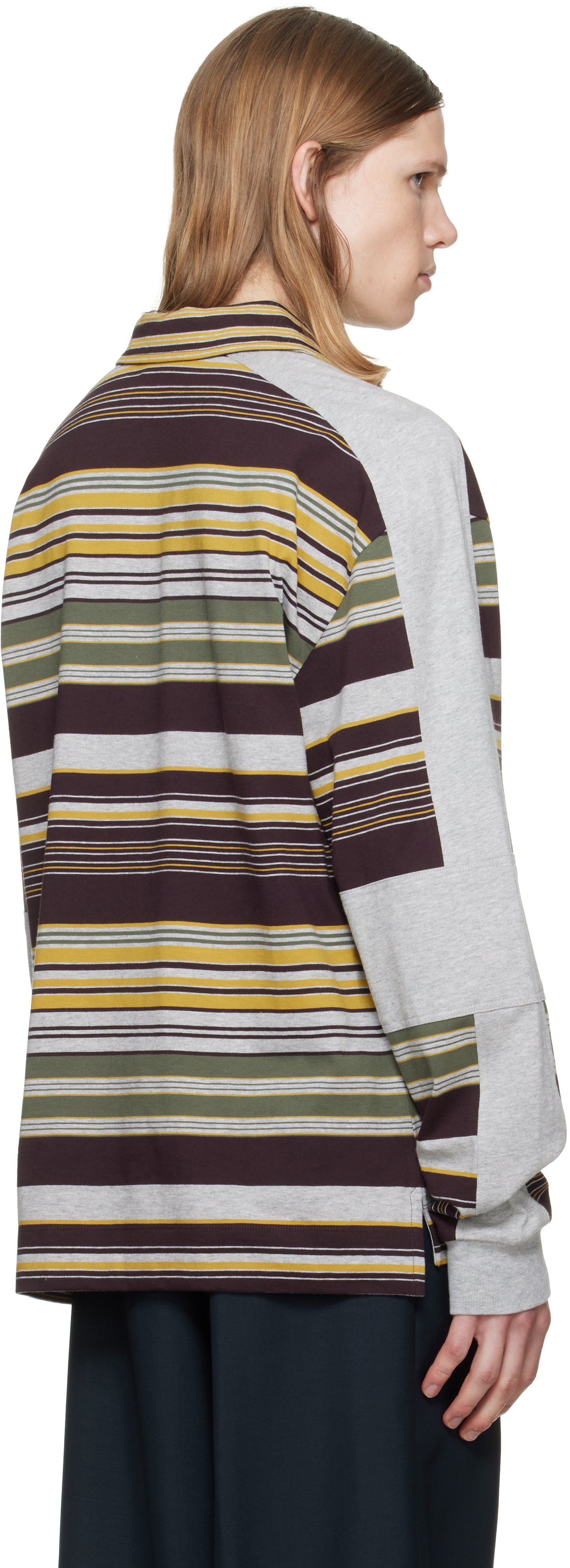 バーガンディ ポロシャツ コットン混紡 Dries Van Noten: バーガンディ＆グレー ボーダー コットン ポロシャツ