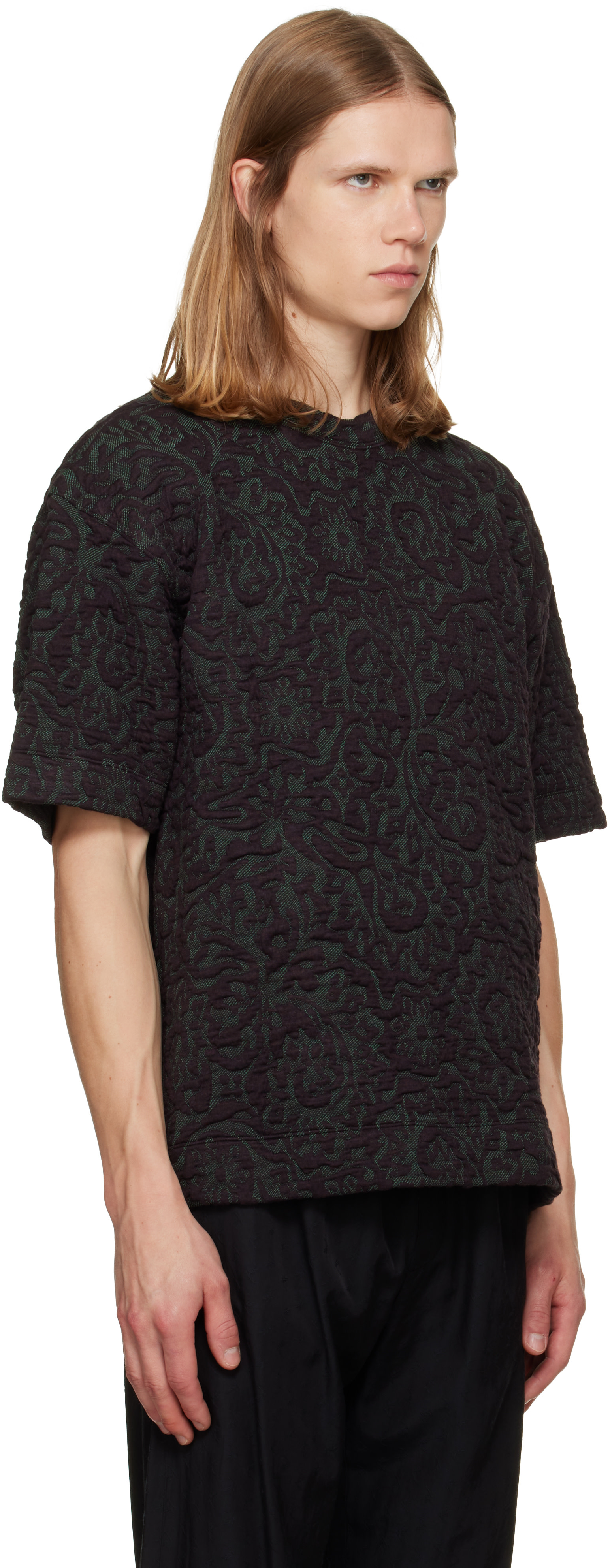 DRIES VAN NOTEN Tシャツ ダークグリーン ブラック Dries Van Noten: Burgundy Jacquard T-shirt | SSENSE