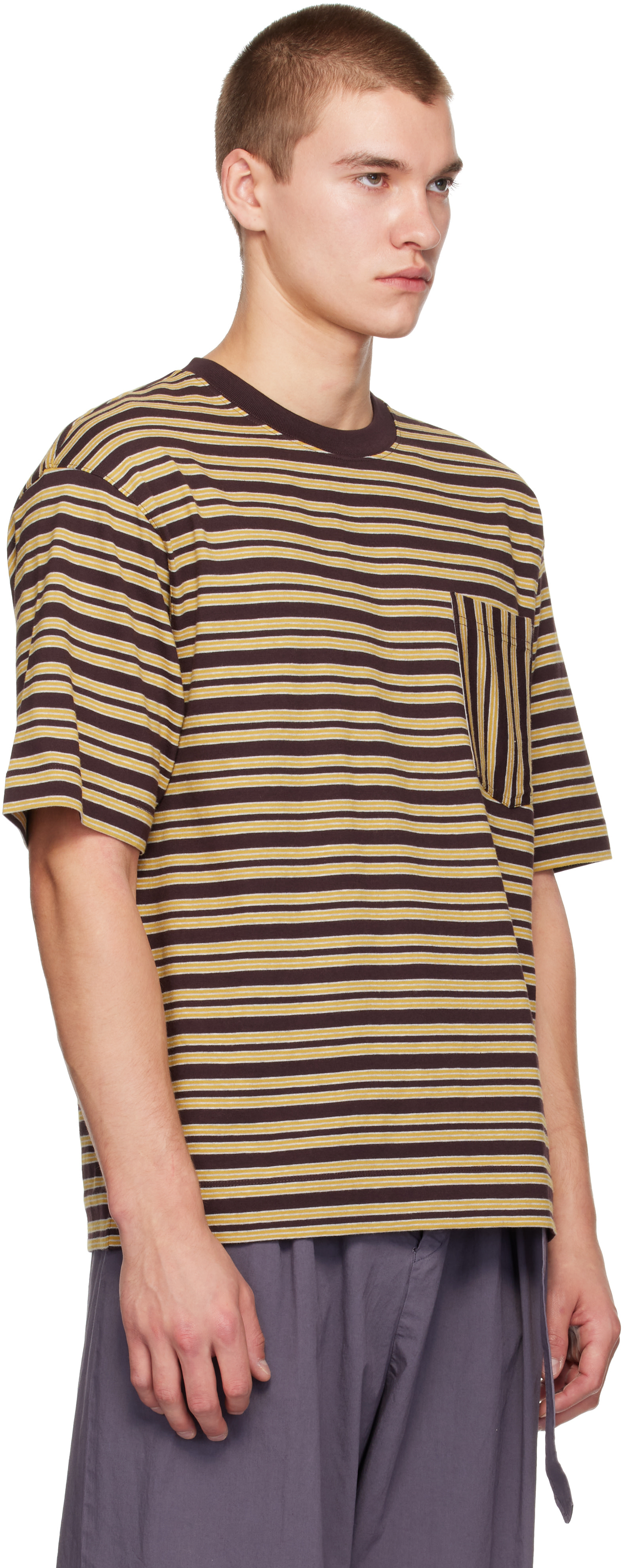 Dries Van Noten: Burgundy & Yellow Striped T-shirt | SSENSE