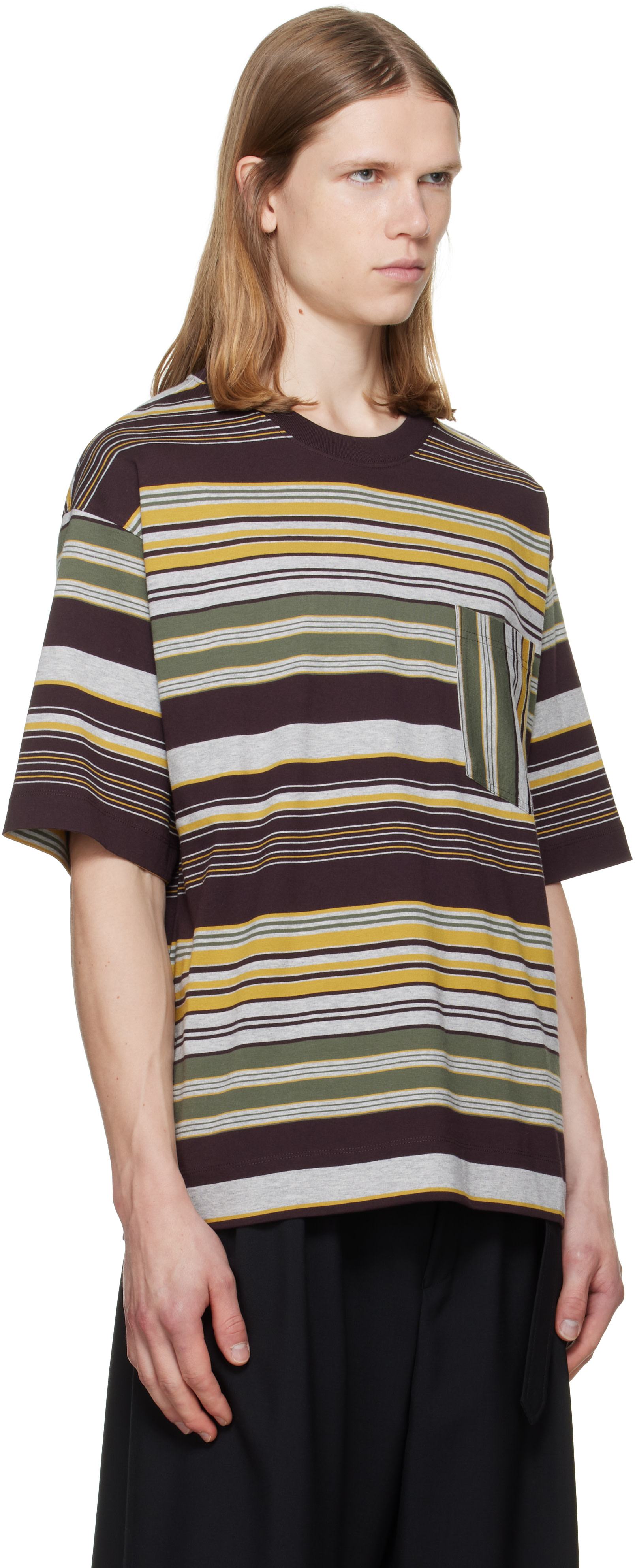 DRIES VAN NOTEN Tシャツ Dries Van Noten: バーガンディ＆グレー ボーダー Tシャツ | SSENSE 日本
