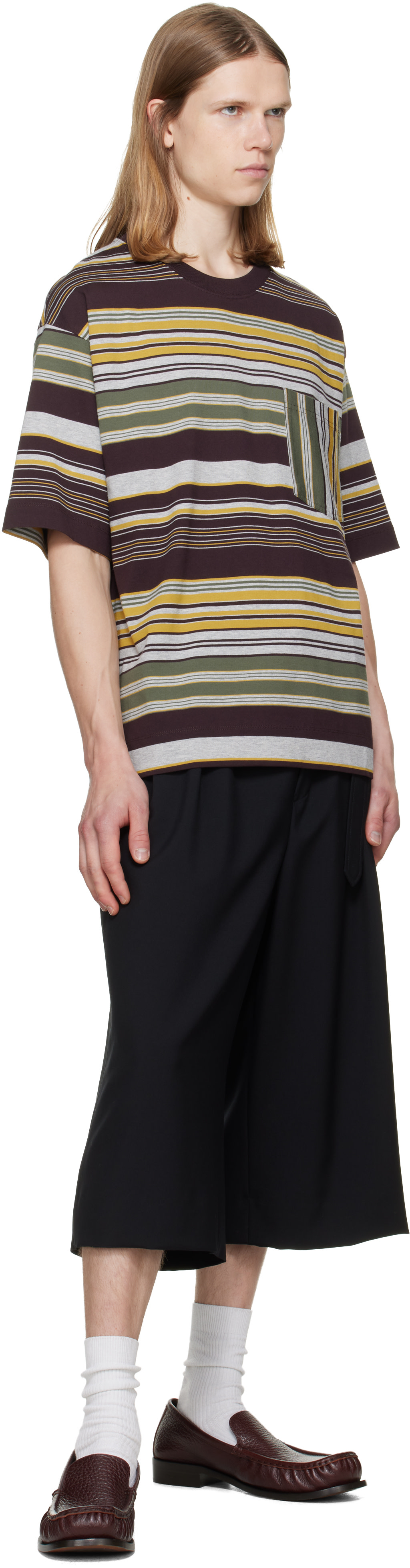 Dries Van Noten: Burgundy & Gray Striped T-shirt | SSENSE
