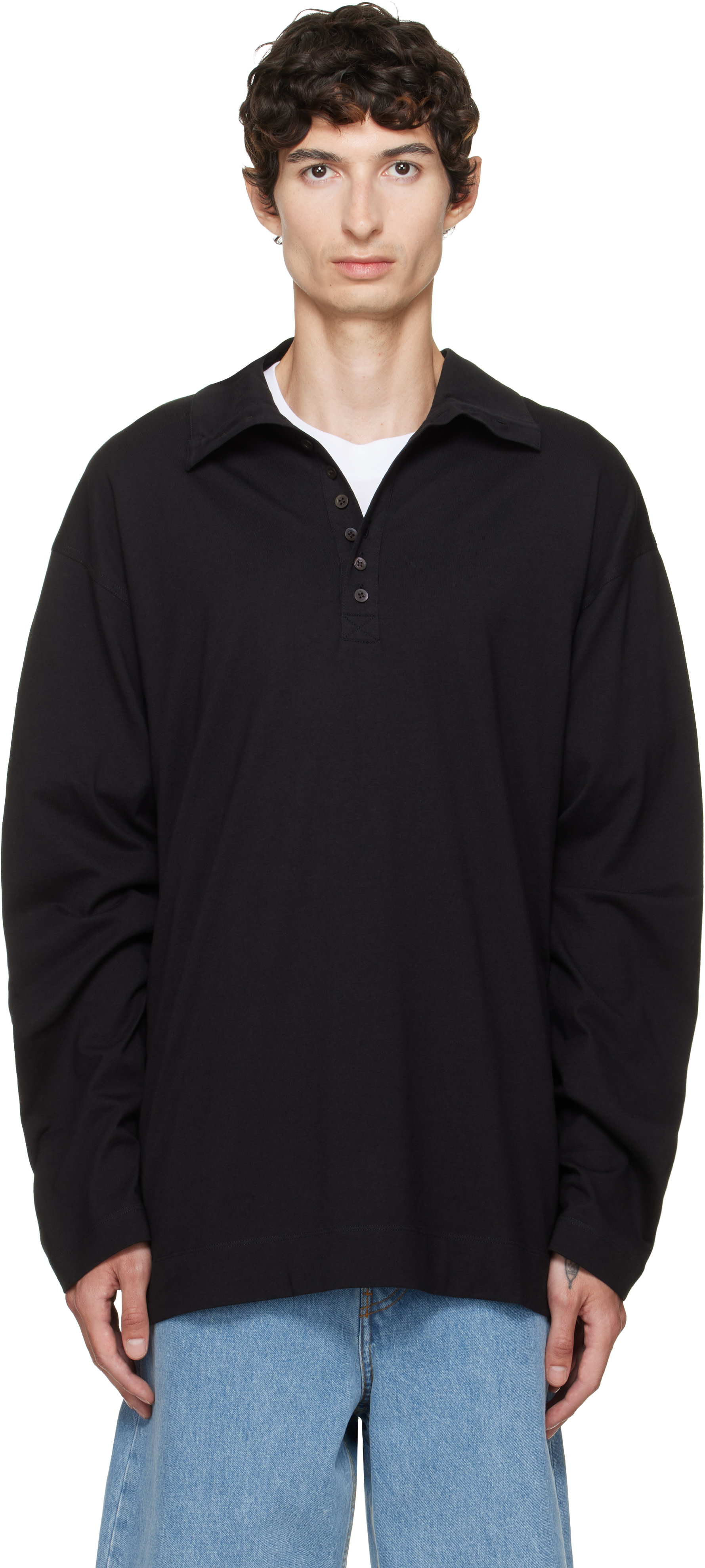 トップス < Dries Van Noten >Oversize Slubbed Polo Dries Van Noten: Black Cotton Polo | SSENSE