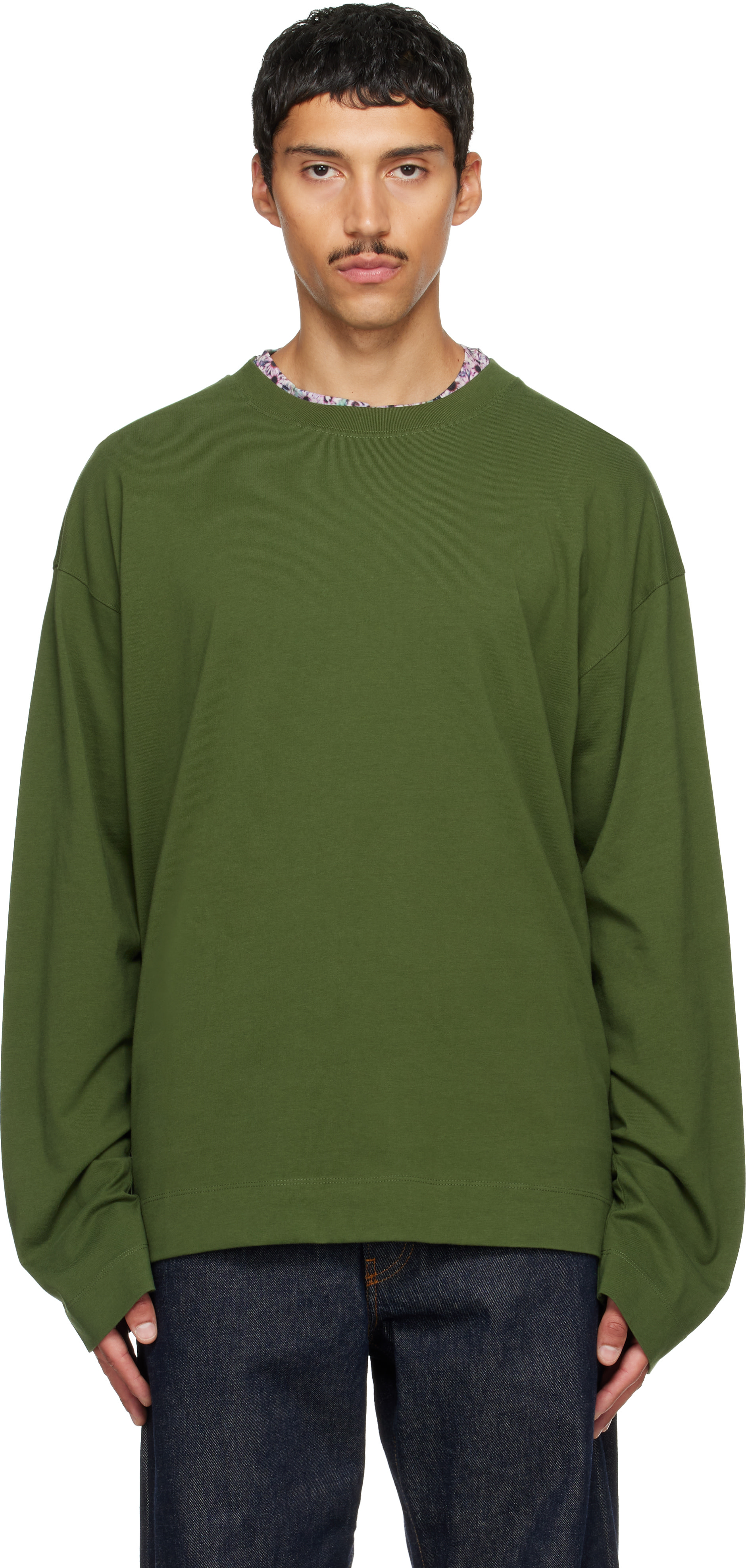 DRIES VAN NOTEN カーキ クルーネック スウェット　S Dries Van Noten: Green Long Sleeve Cotton T-shirt | SSENSE