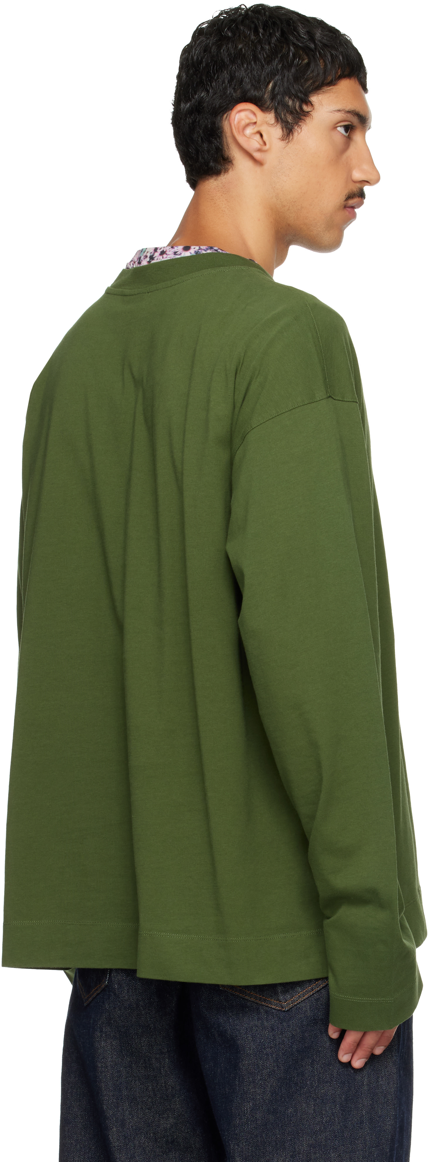 【美しいシルエット】DRIES VAN NOTEN オリーブグリーン長袖シャツ Dries Van Noten: グリーン コットン 長袖Tシャツ | SSENSE 日本