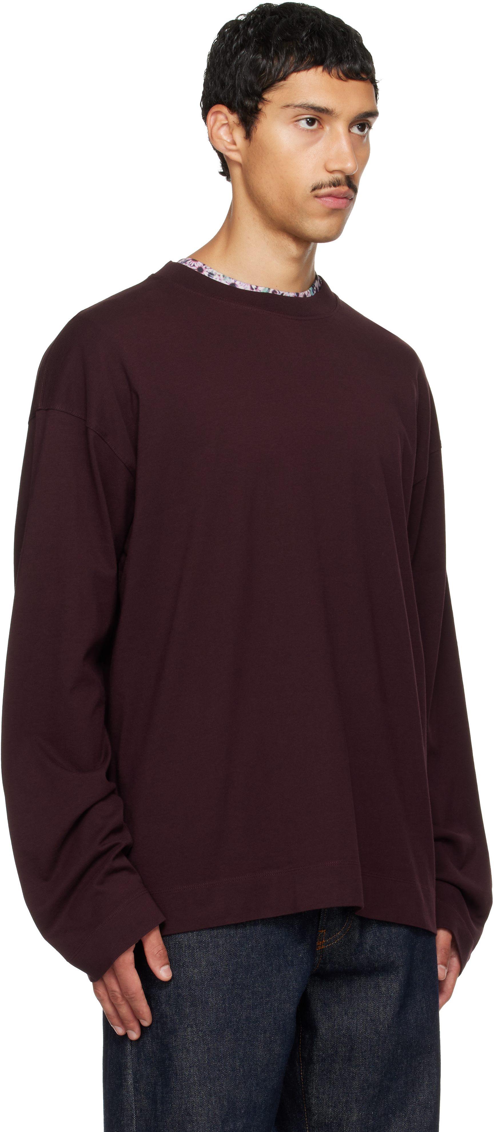 Dries Van Noten: Burgundy Long Sleeve Cotton T-shirt | SSENSE