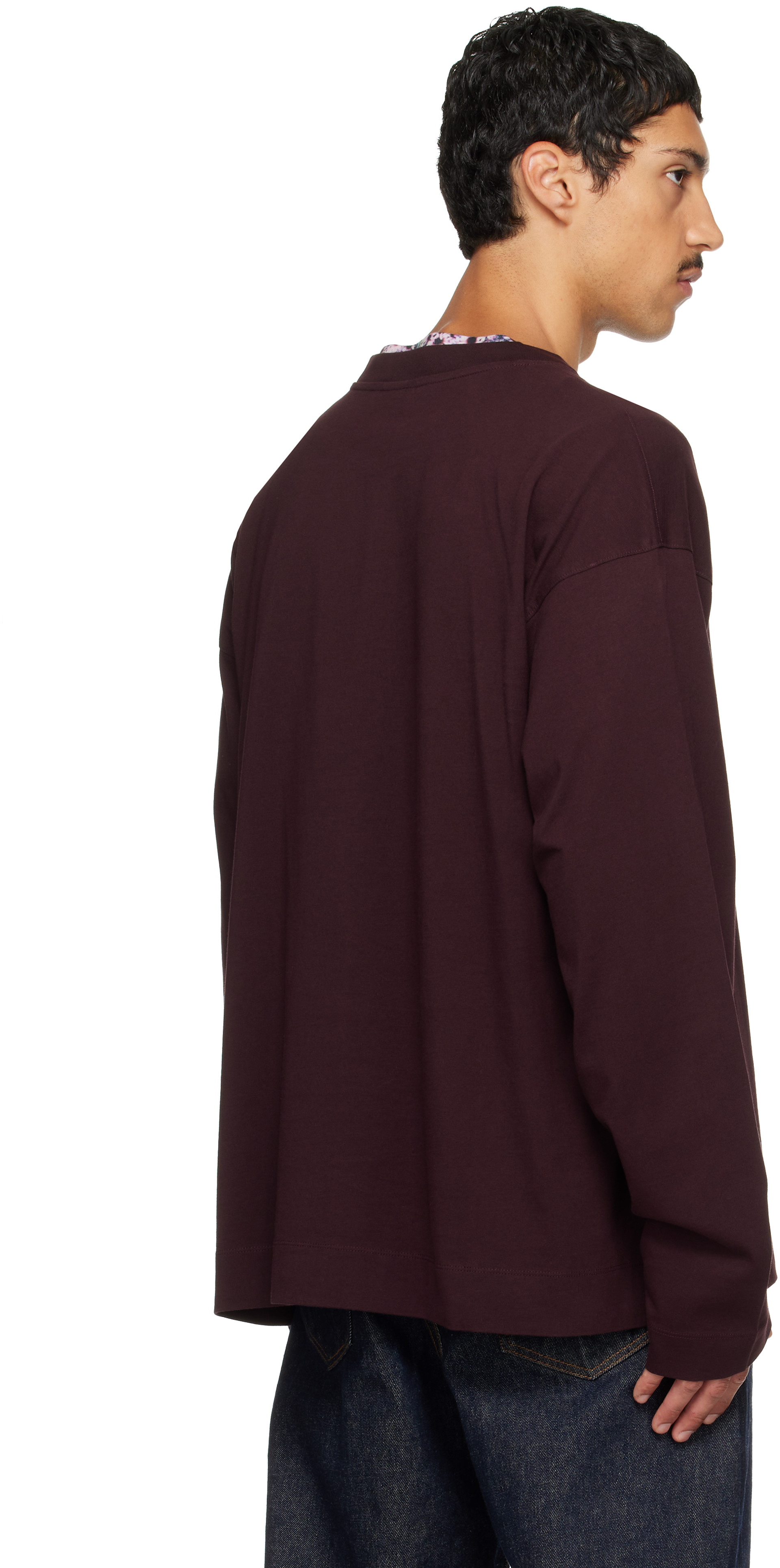Dries Van Noten: Burgundy Long Sleeve Cotton T-shirt | SSENSE
