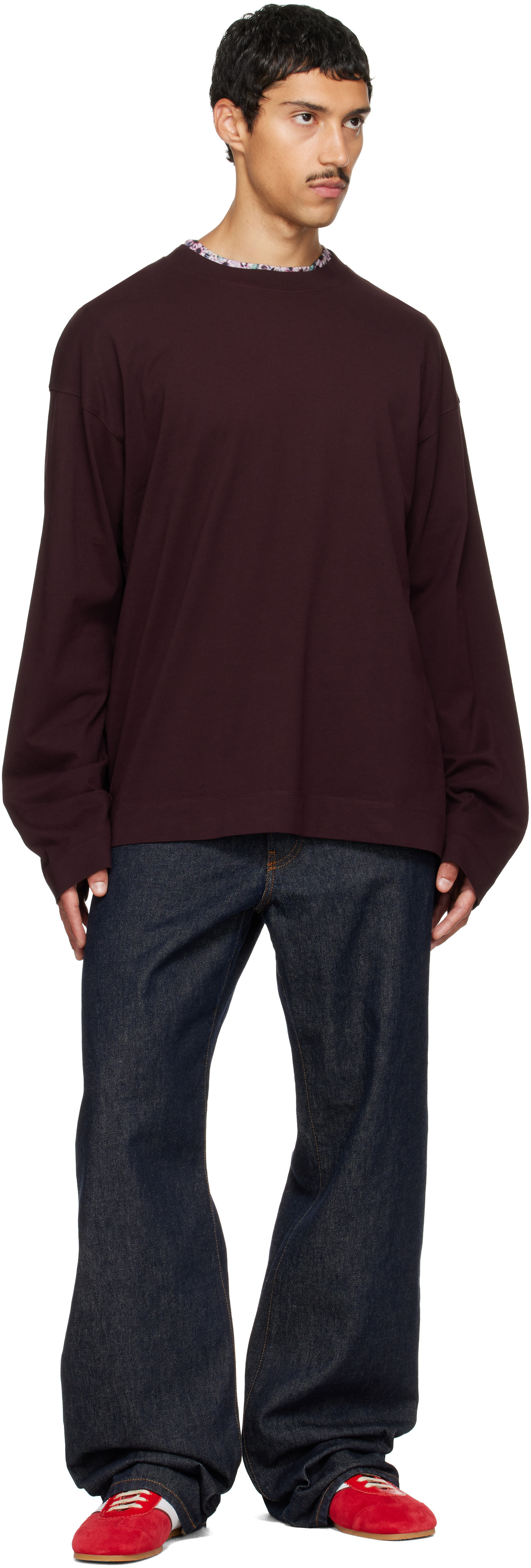 Dries Van Noten: Burgundy Long Sleeve Cotton T-shirt | SSENSE