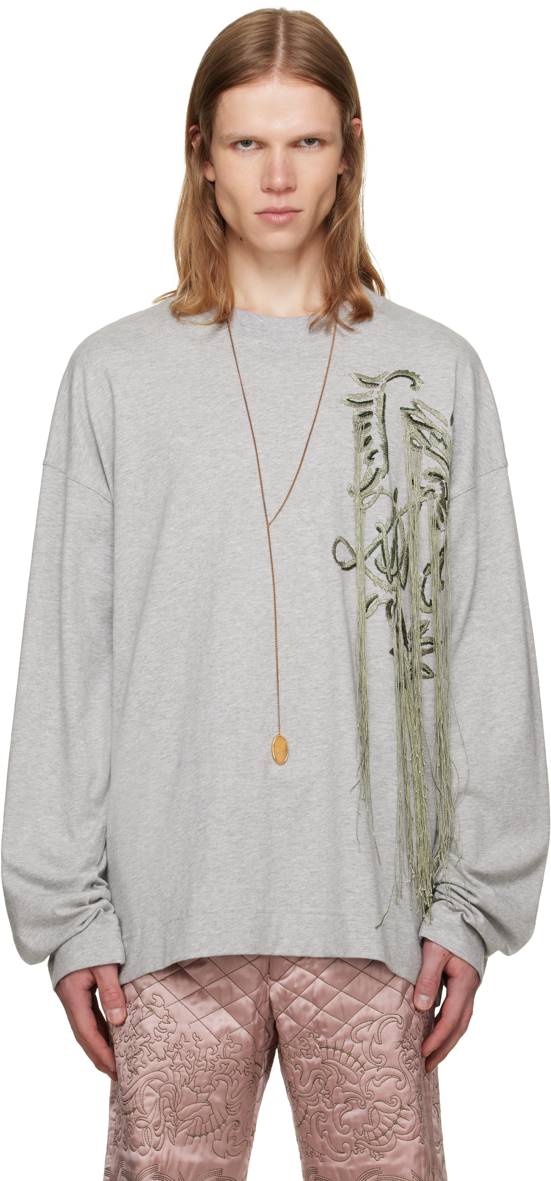 DRIES VAN NOTEN HEIN コットンTシャツ グレー Dries Van Noten: Gray Embroidered T-shirt | SSENSE