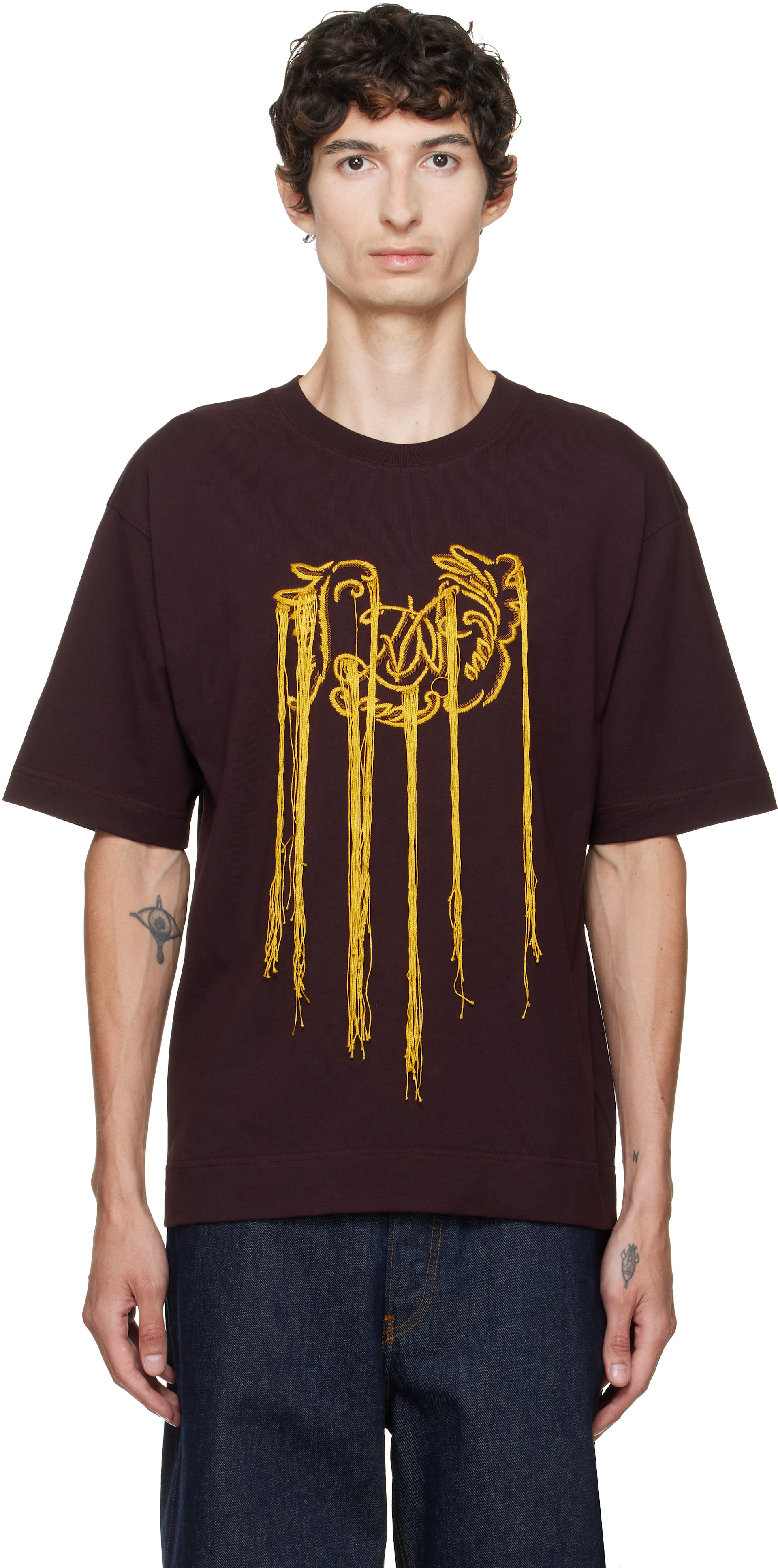 Dries Van Noten: Burgundy Fringed T-shirt | SSENSE