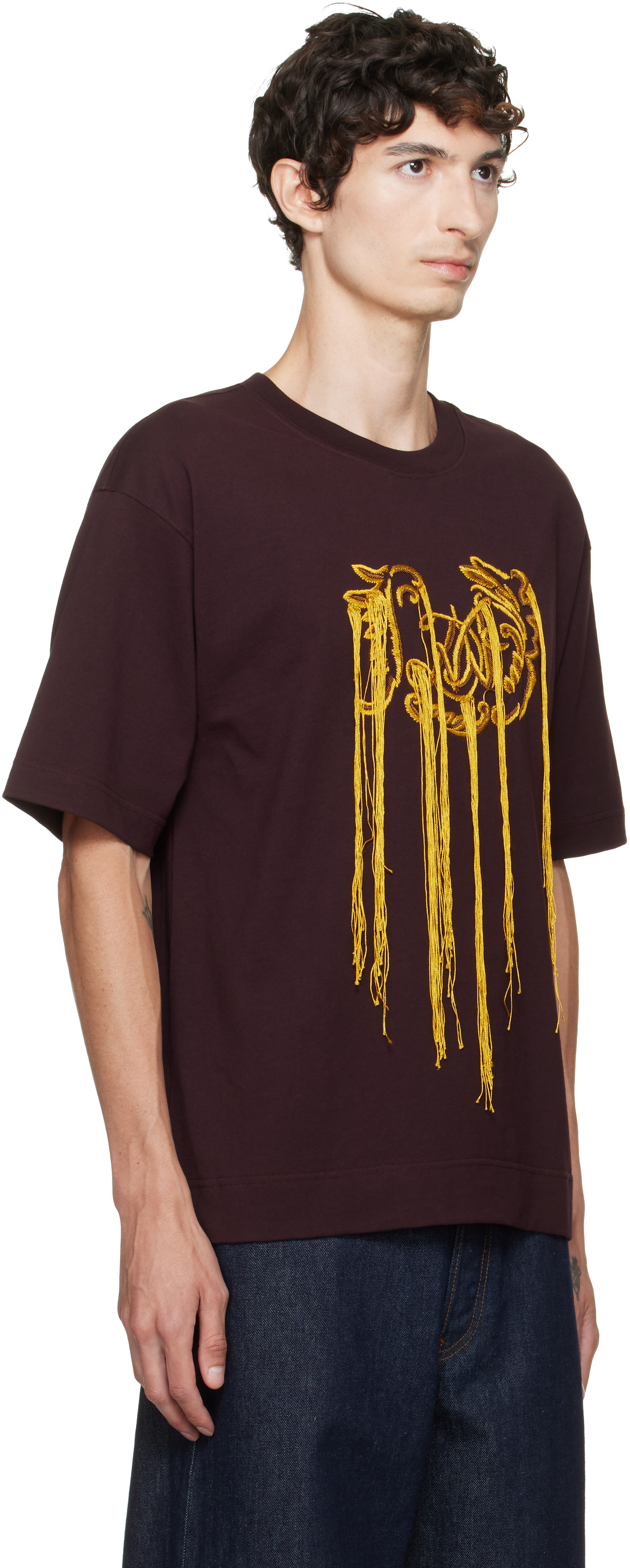 Dries Van Noten: Burgundy Fringed T-shirt | SSENSE