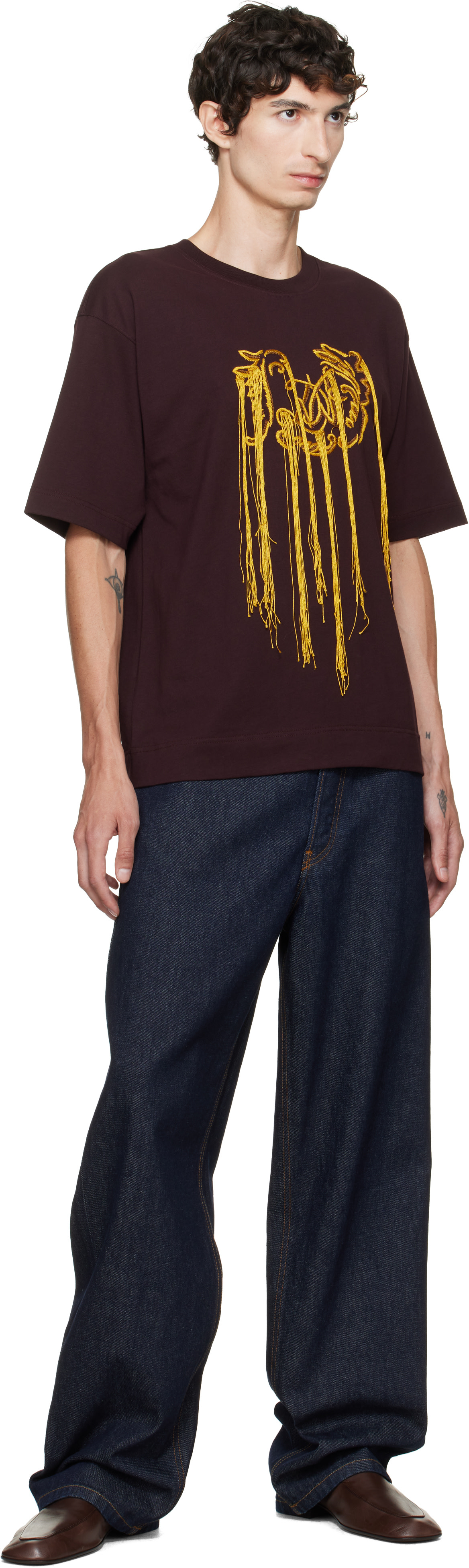 Dries Van Noten: Burgundy Fringed T-shirt | SSENSE